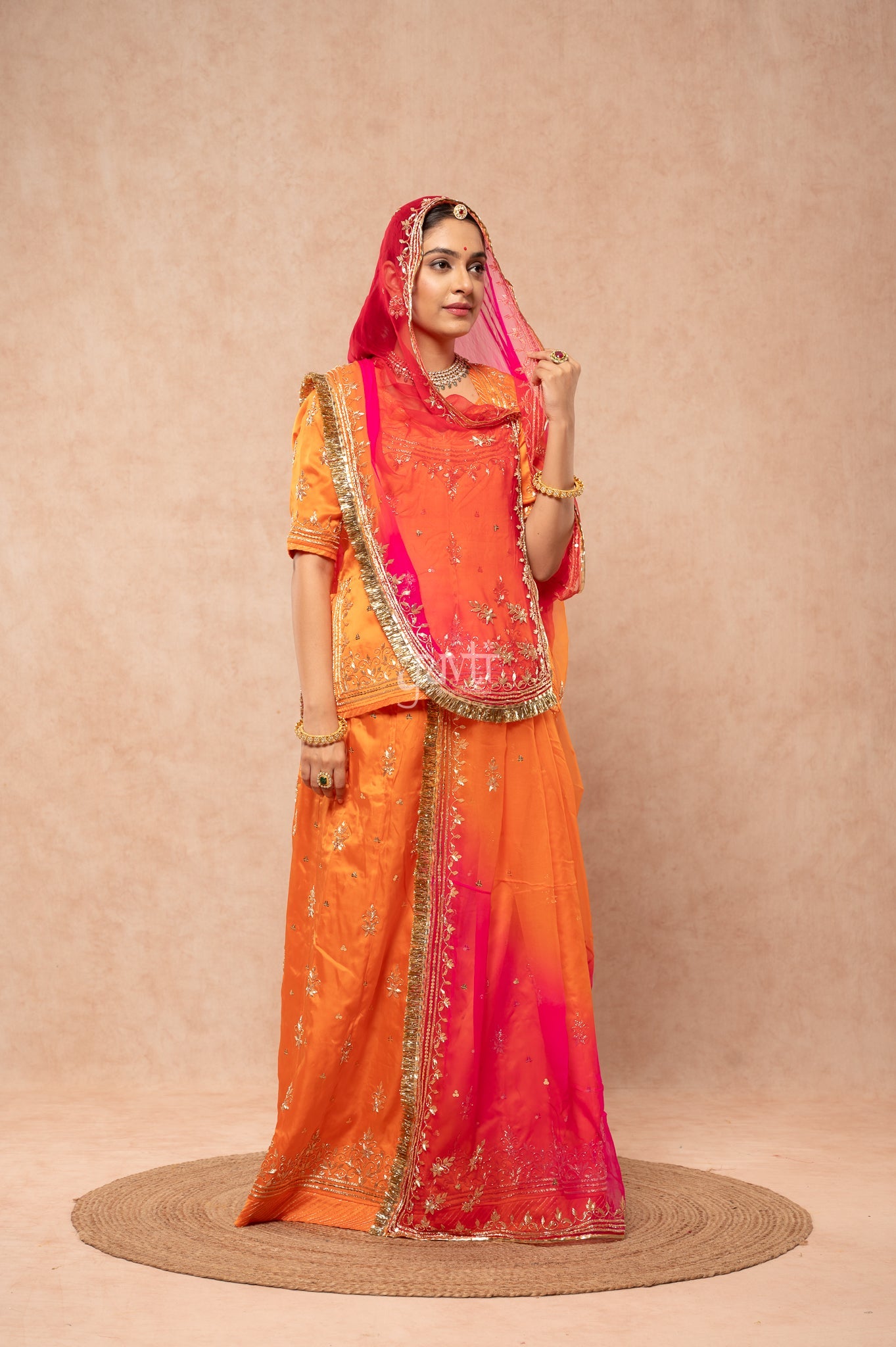 Orange Bamber Satin Zardozi Sequins Handwork  Poshak with Pure Multi Shaded Odhana (unstitched)