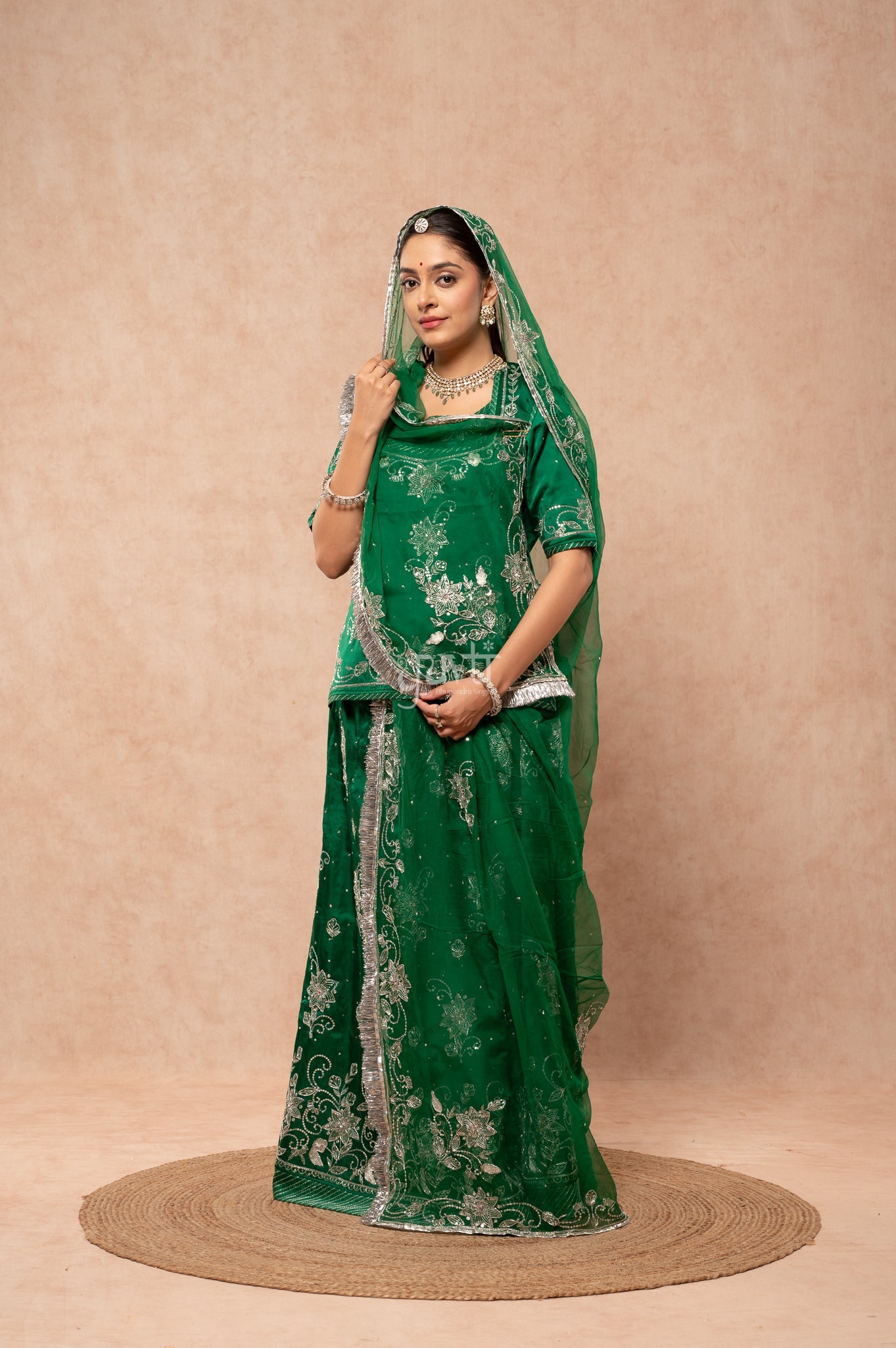 Bottle Green Bamber Satin Aari Zardozi Sequins Handwork  Poshak with Pure Odhana (unstitched)