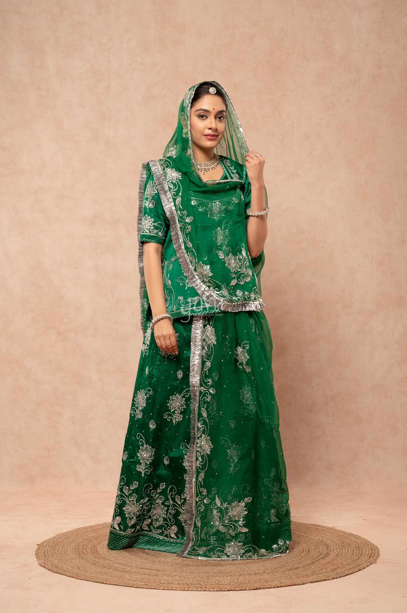 Bottle Green Bamber Satin Aari Zardozi Sequins Handwork  Poshak with Pure Odhana (unstitched)
