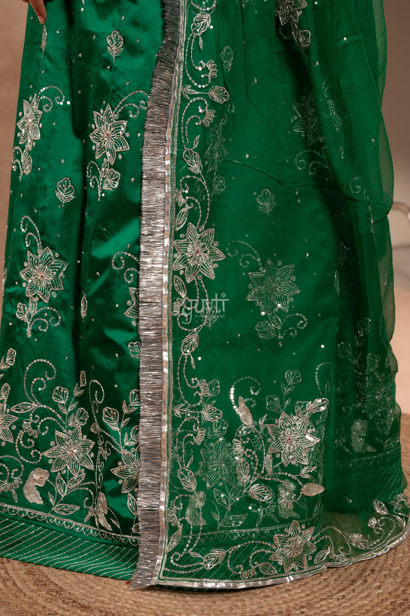 Bottle Green Bamber Satin Aari Zardozi Sequins Handwork  Poshak with Pure Odhana (unstitched)