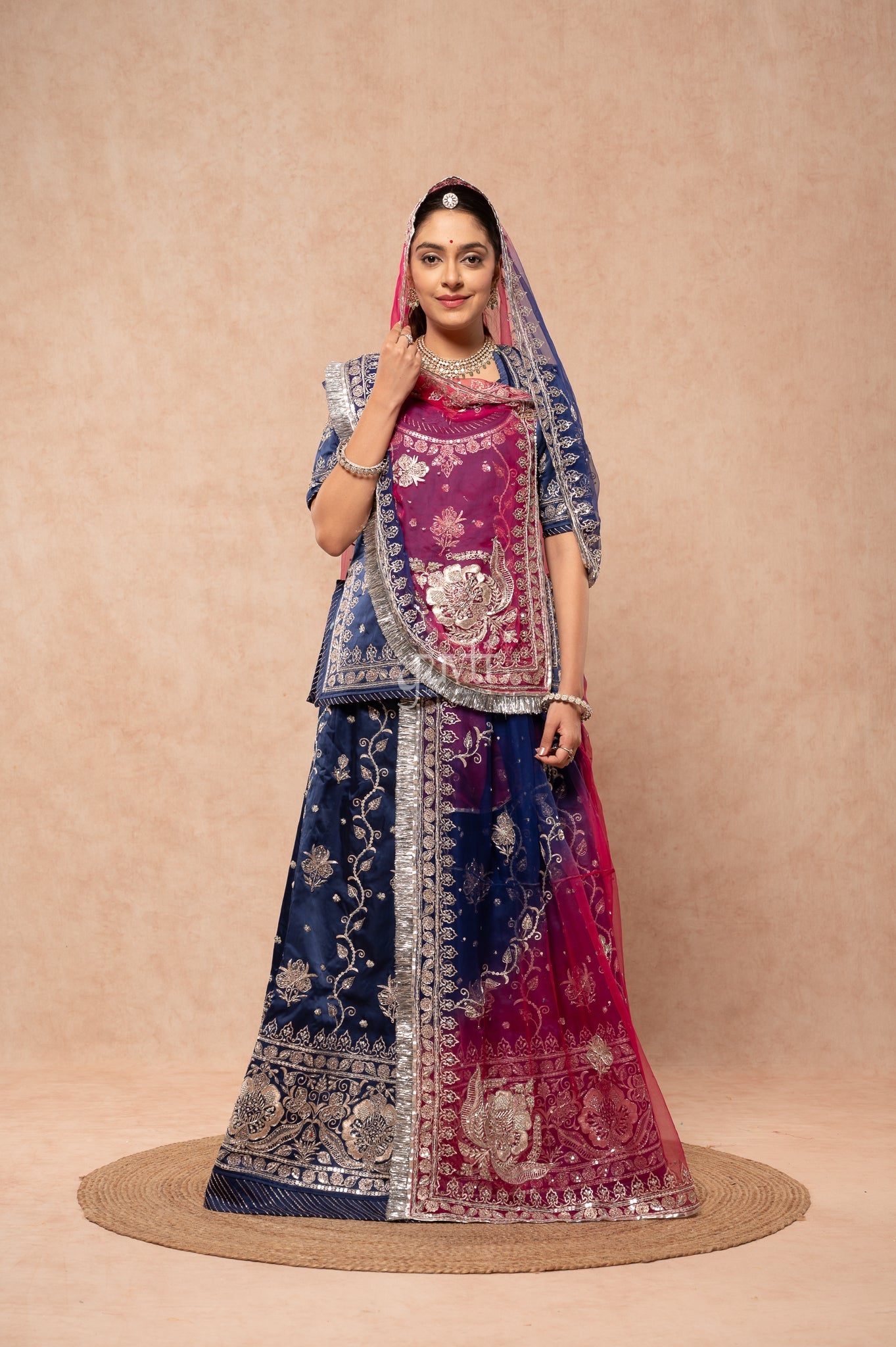 Navy Blue Bamber Satin Aari Sequins Zardozi Handwork  Poshak with Pure Multi Odhana (unstitched)