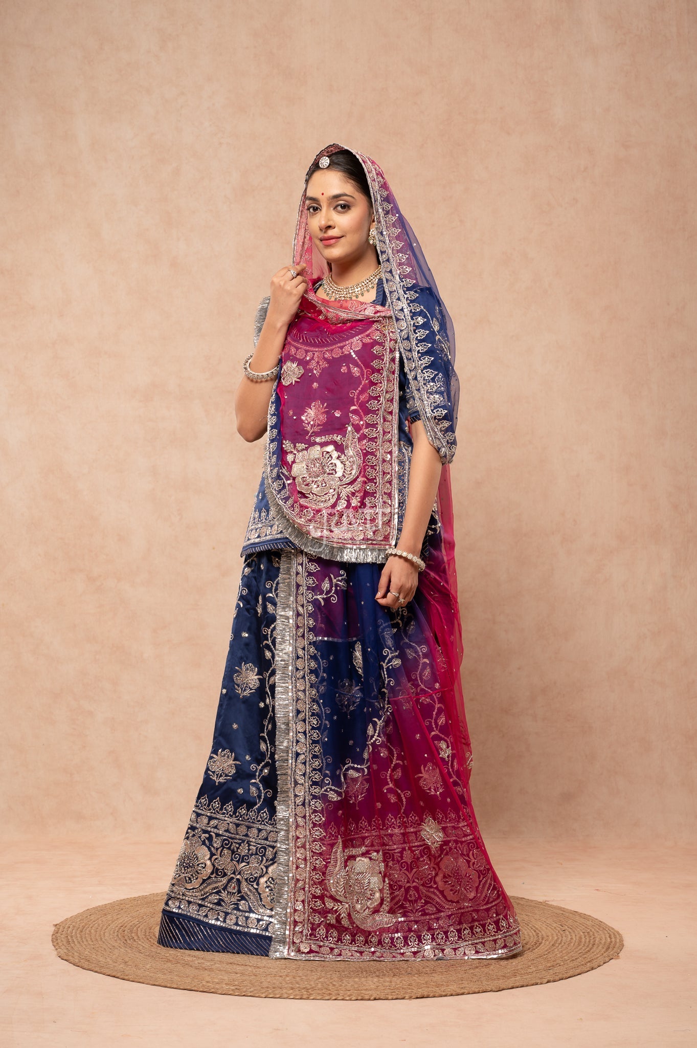 Navy Blue Bamber Satin Aari Sequins Zardozi Handwork  Poshak with Pure Multi Odhana (unstitched)