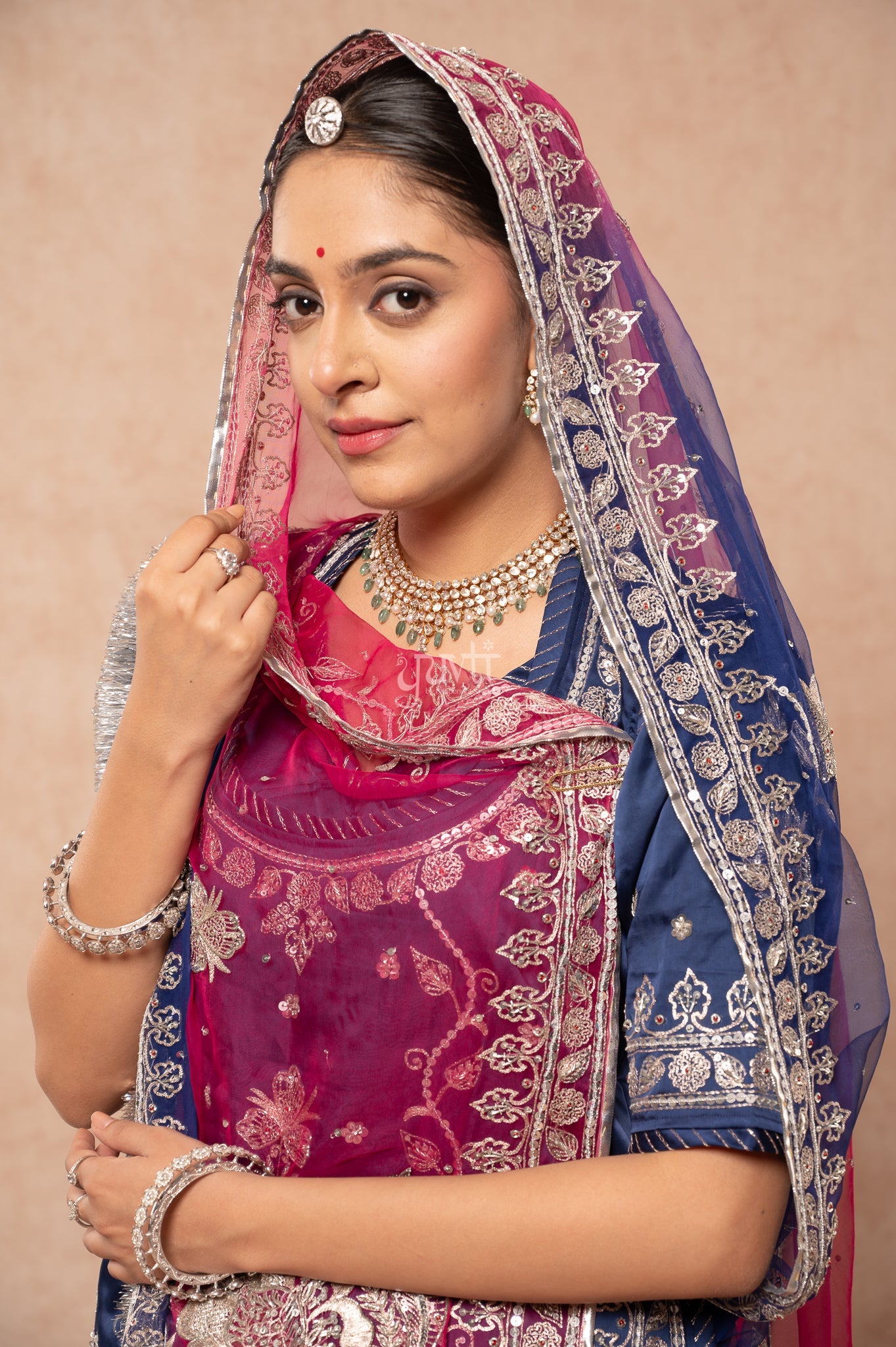 Navy Blue Bamber Satin Aari Sequins Zardozi Handwork  Poshak with Pure Multi Odhana (unstitched)