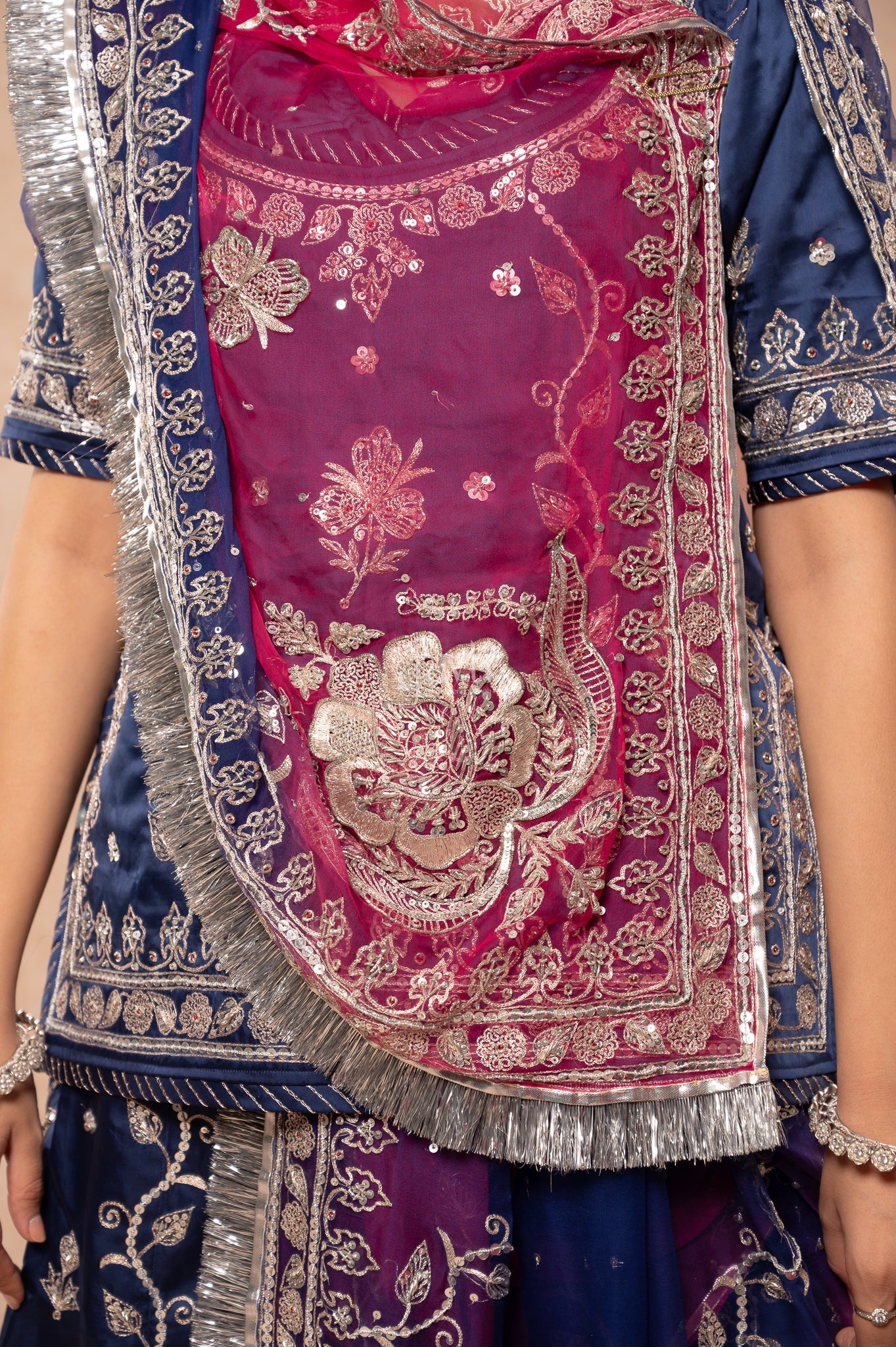 Navy Blue Bamber Satin Aari Sequins Zardozi Handwork  Poshak with Pure Multi Odhana (unstitched)