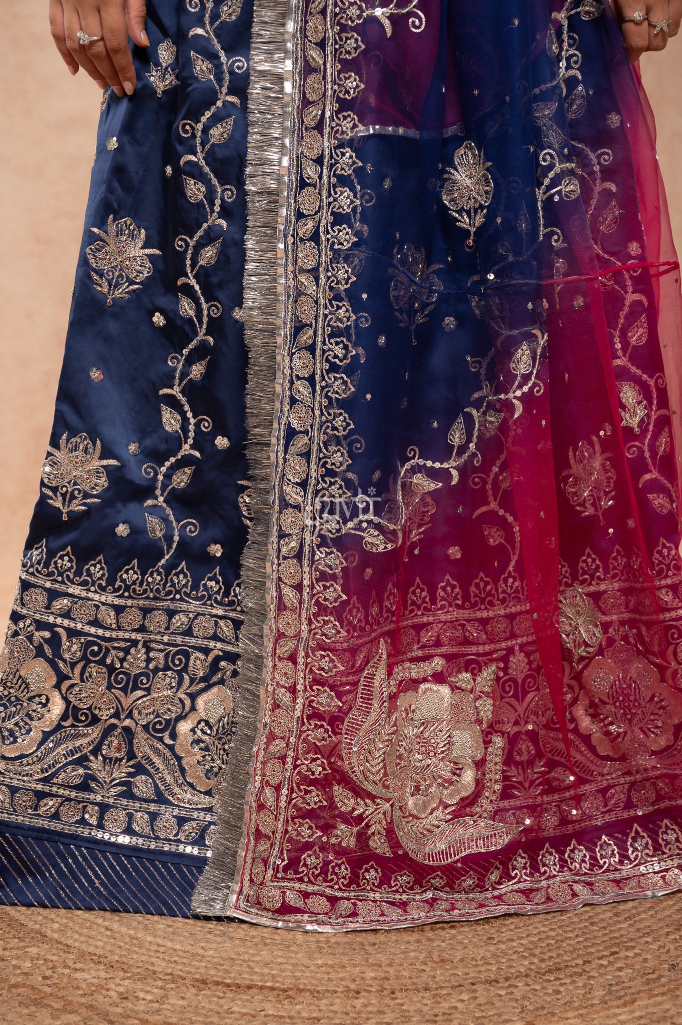 Navy Blue Bamber Satin Aari Sequins Zardozi Handwork  Poshak with Pure Multi Odhana (unstitched)