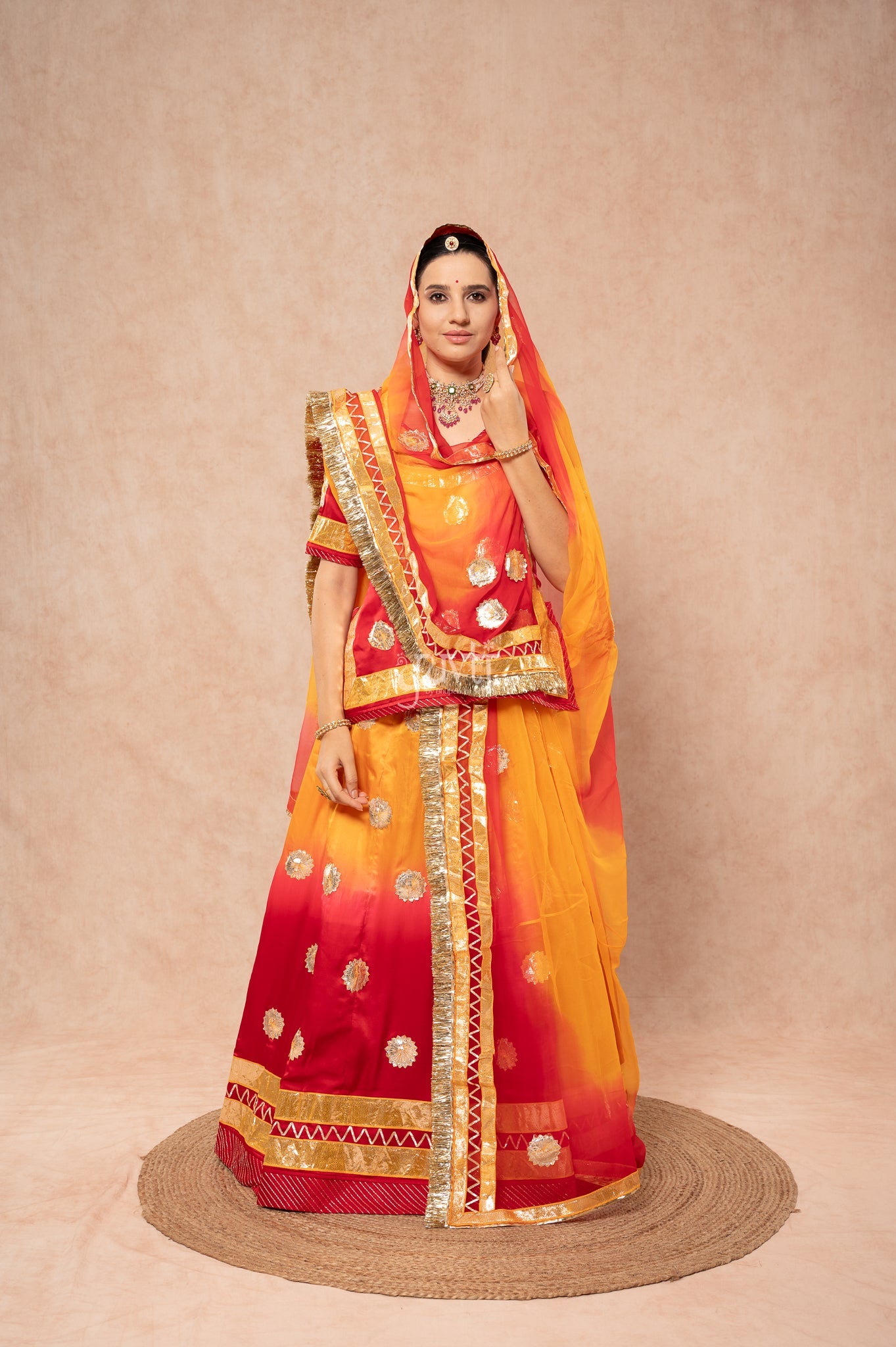 Red Orange Bamber Satin Laffa Champa Flower Handwork  Poshak with Pure Shaded Odhana (unstitched)