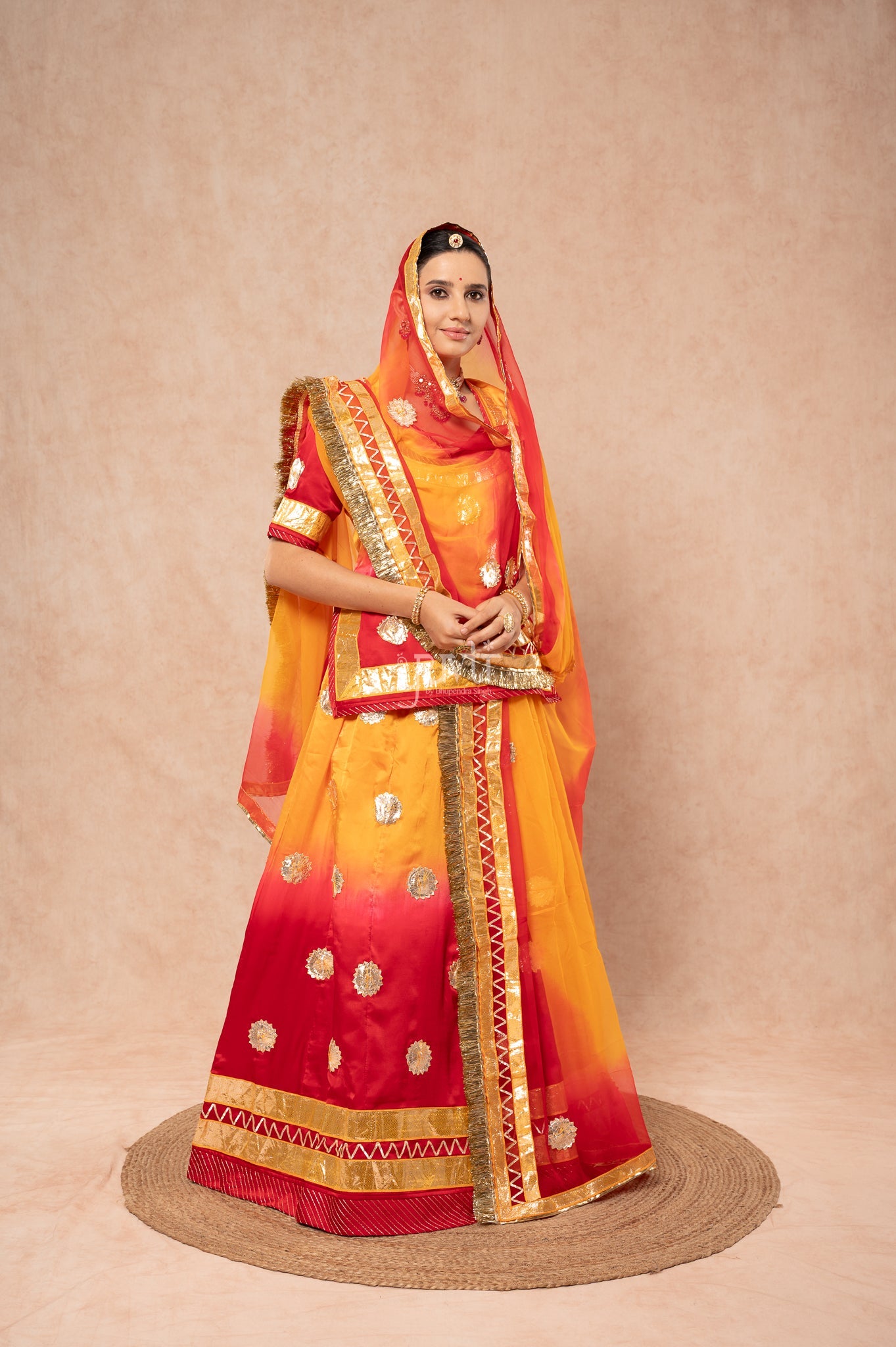 Red Orange Bamber Satin Laffa Champa Flower Handwork  Poshak with Pure Shaded Odhana (unstitched)