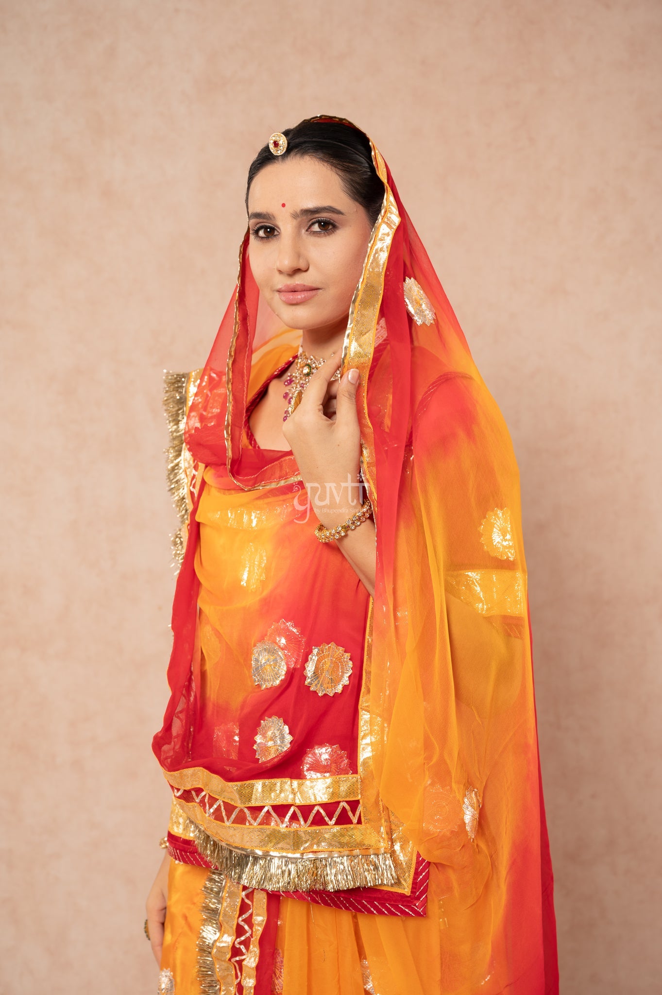 Red Orange Bamber Satin Laffa Champa Flower Handwork  Poshak with Pure Shaded Odhana (unstitched)
