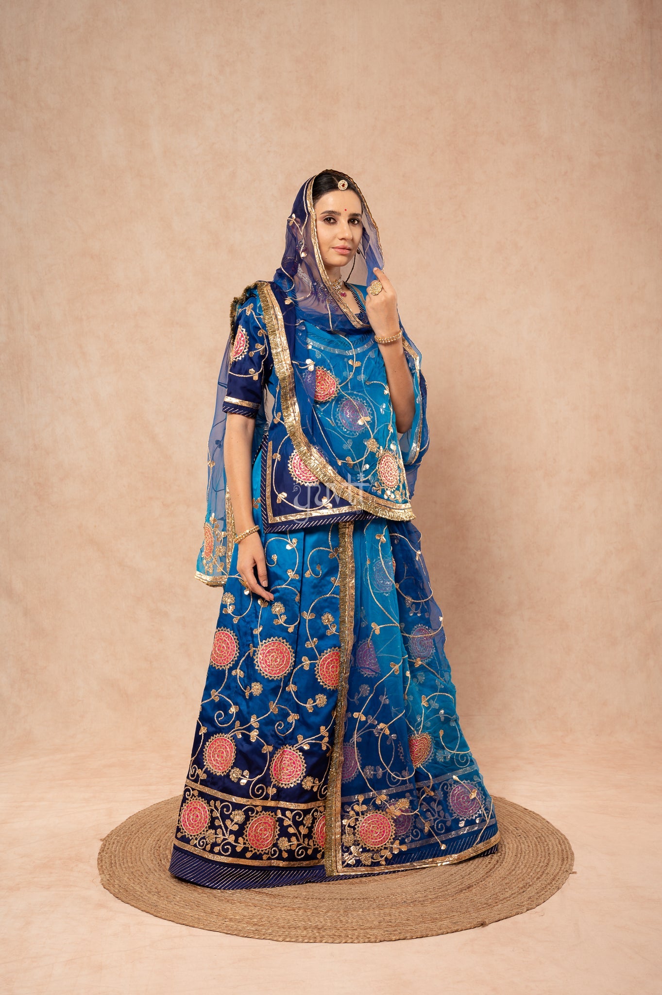 Navy Blue Shaded Bamber Satin Sikhiya Gotta Patti Sequins Dhora Handwork  Poshak with Pure Shaded Odhana (unstitched)