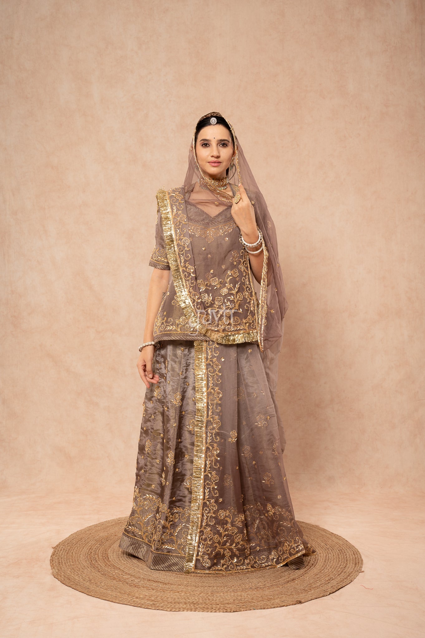 Grey Tissue Zardozi Sequins Handwork  Poshak with Pure Odhana (unstitched)
