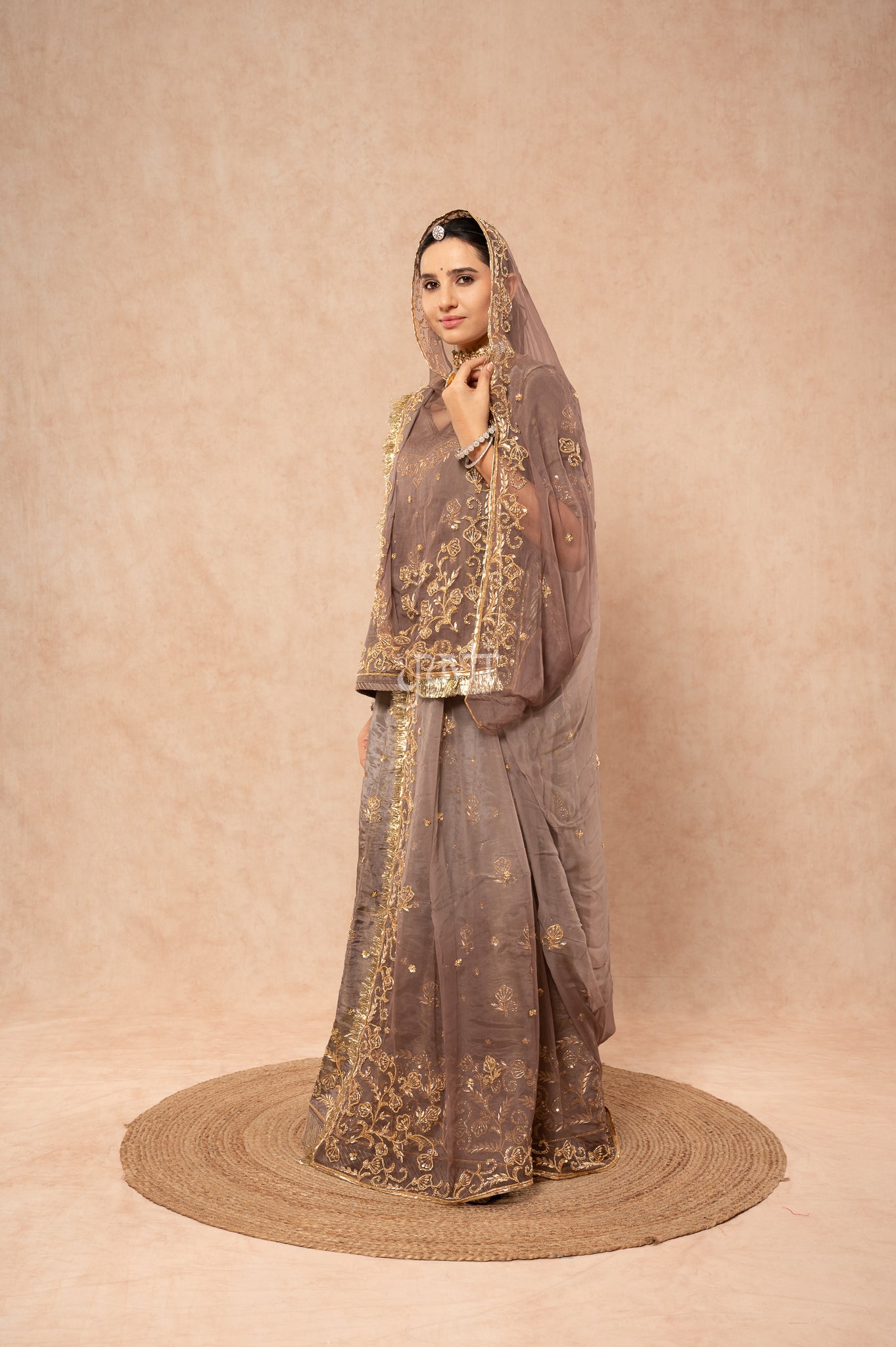 Grey Tissue Zardozi Sequins Handwork  Poshak with Pure Odhana (unstitched)