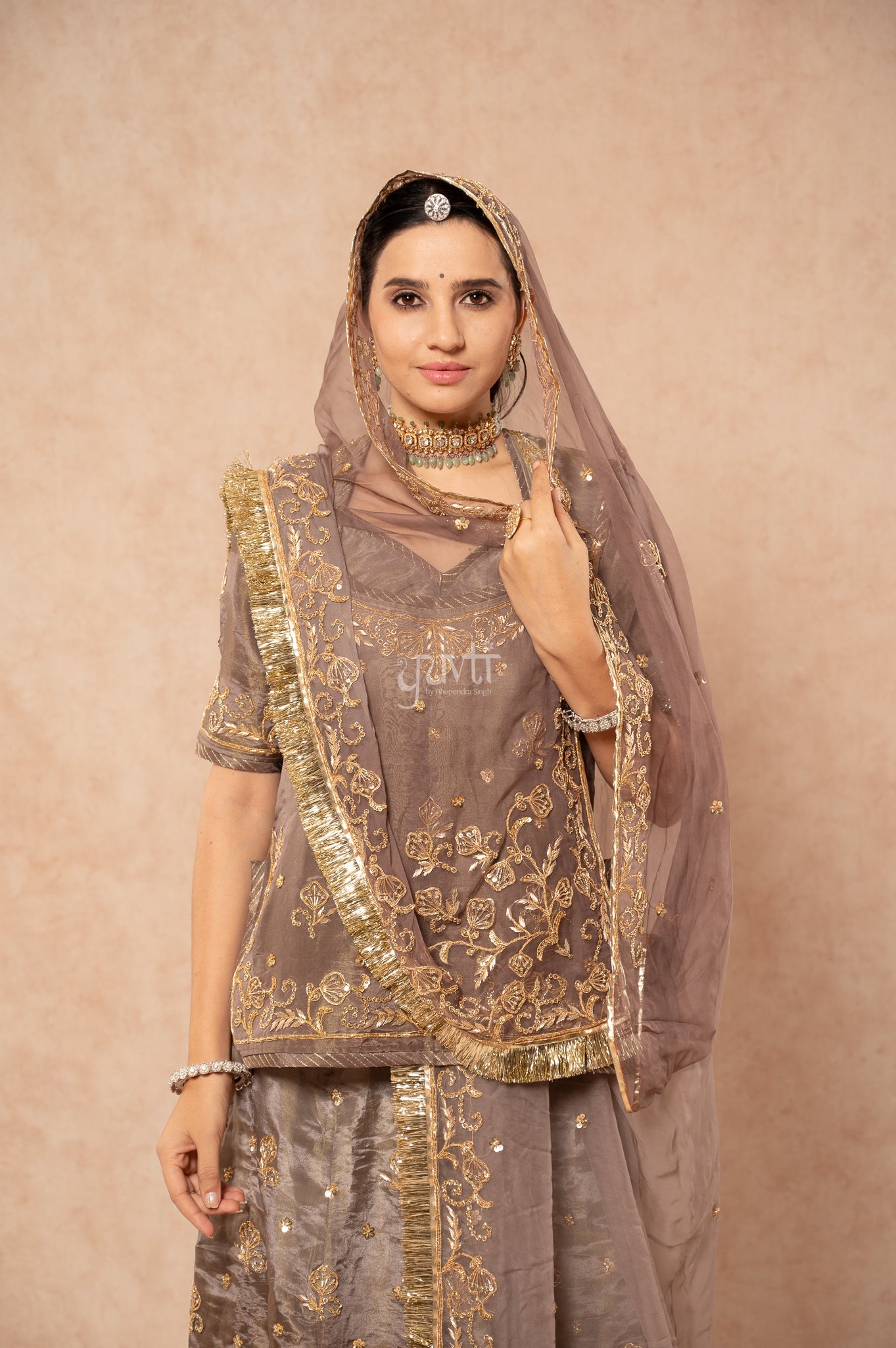 Grey Tissue Zardozi Sequins Handwork  Poshak with Pure Odhana (unstitched)
