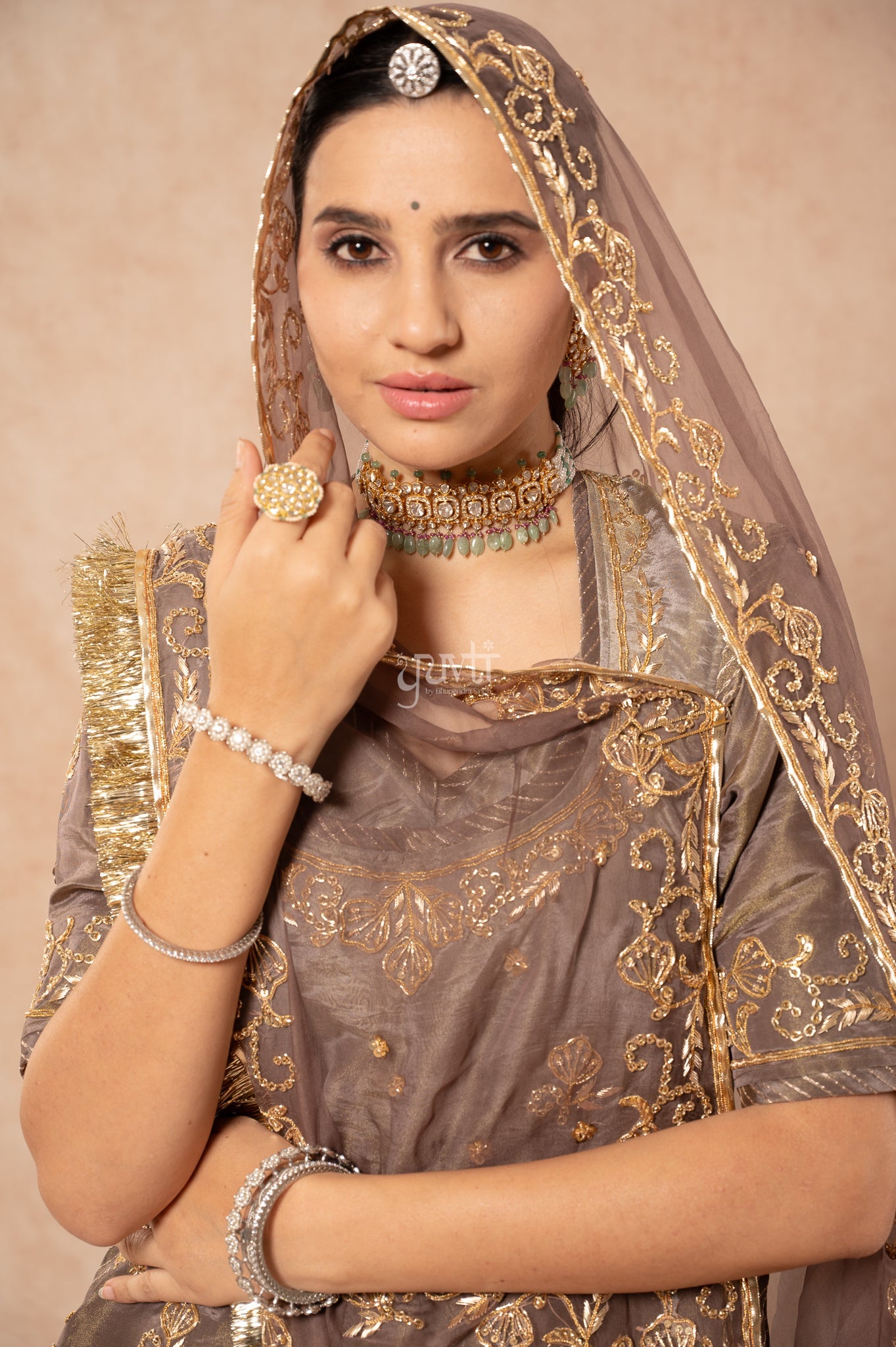 Grey Tissue Zardozi Sequins Handwork  Poshak with Pure Odhana (unstitched)