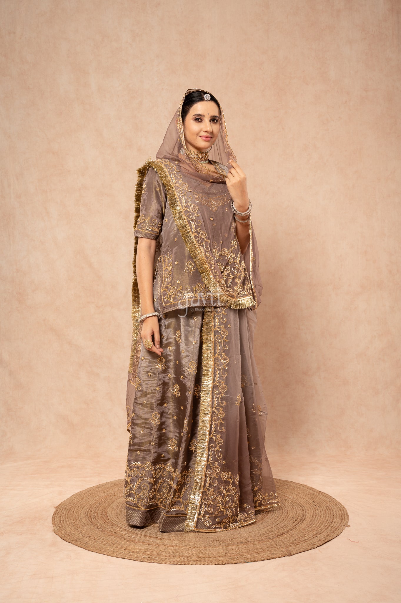 Grey Tissue Zardozi Sequins Handwork  Poshak with Pure Odhana (unstitched)