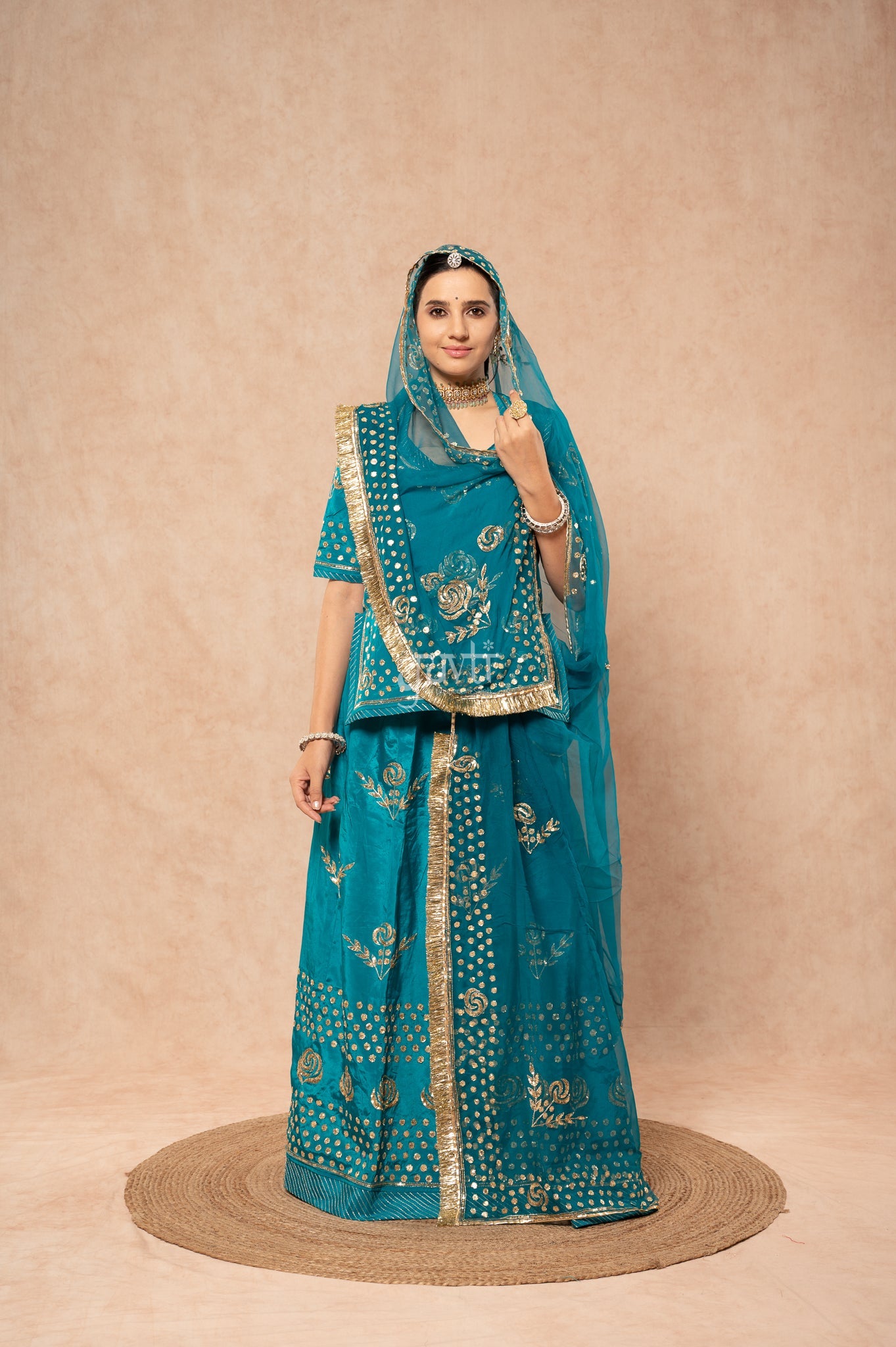 Rama Green Crepe Badla Pita Sequins Handwork  Poshak with Pure Odhana (unstitched)