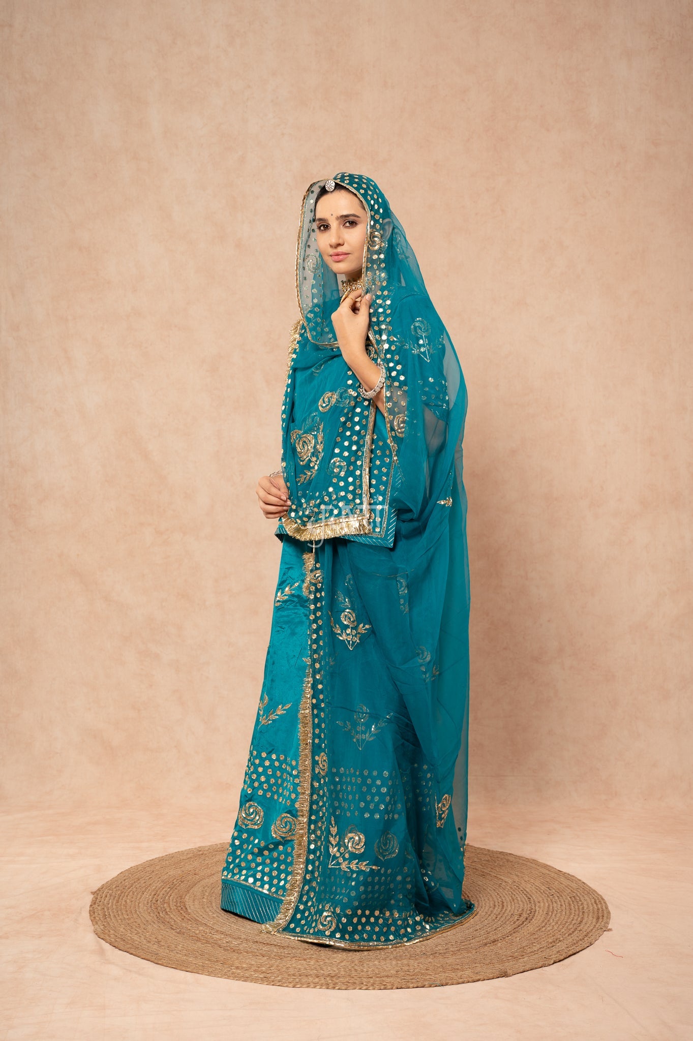 Rama Green Crepe Badla Pita Sequins Handwork  Poshak with Pure Odhana (unstitched)