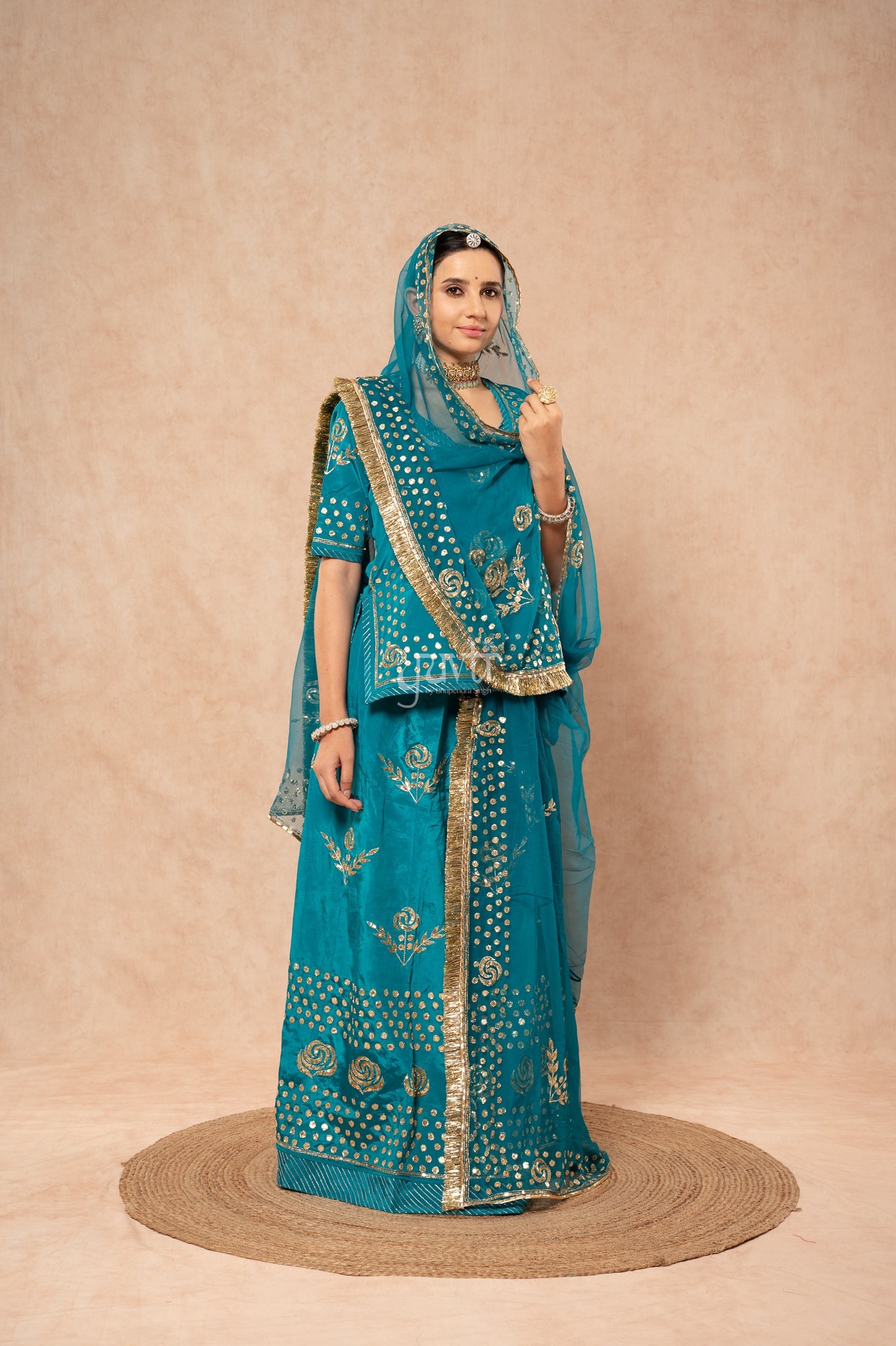 Rama Green Crepe Badla Pita Sequins Handwork  Poshak with Pure Odhana (unstitched)