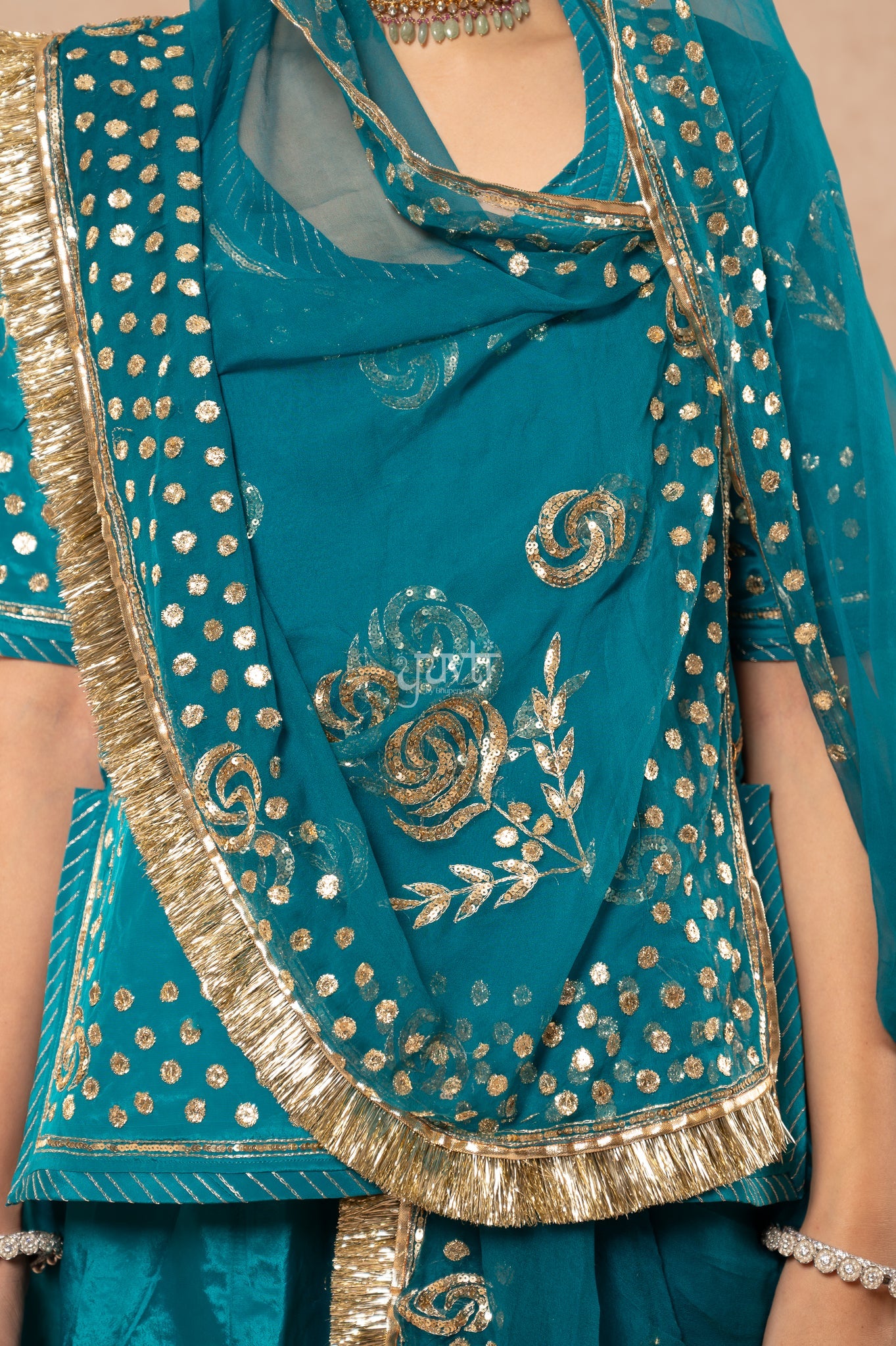 Rama Green Crepe Badla Pita Sequins Handwork  Poshak with Pure Odhana (unstitched)