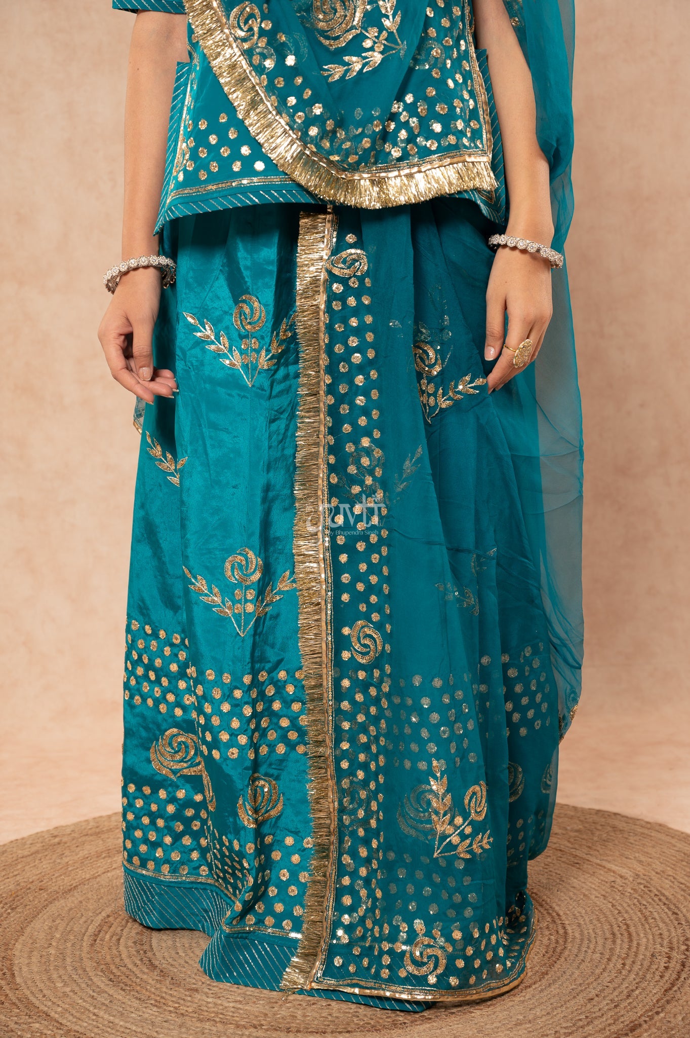 Rama Green Crepe Badla Pita Sequins Handwork  Poshak with Pure Odhana (unstitched)