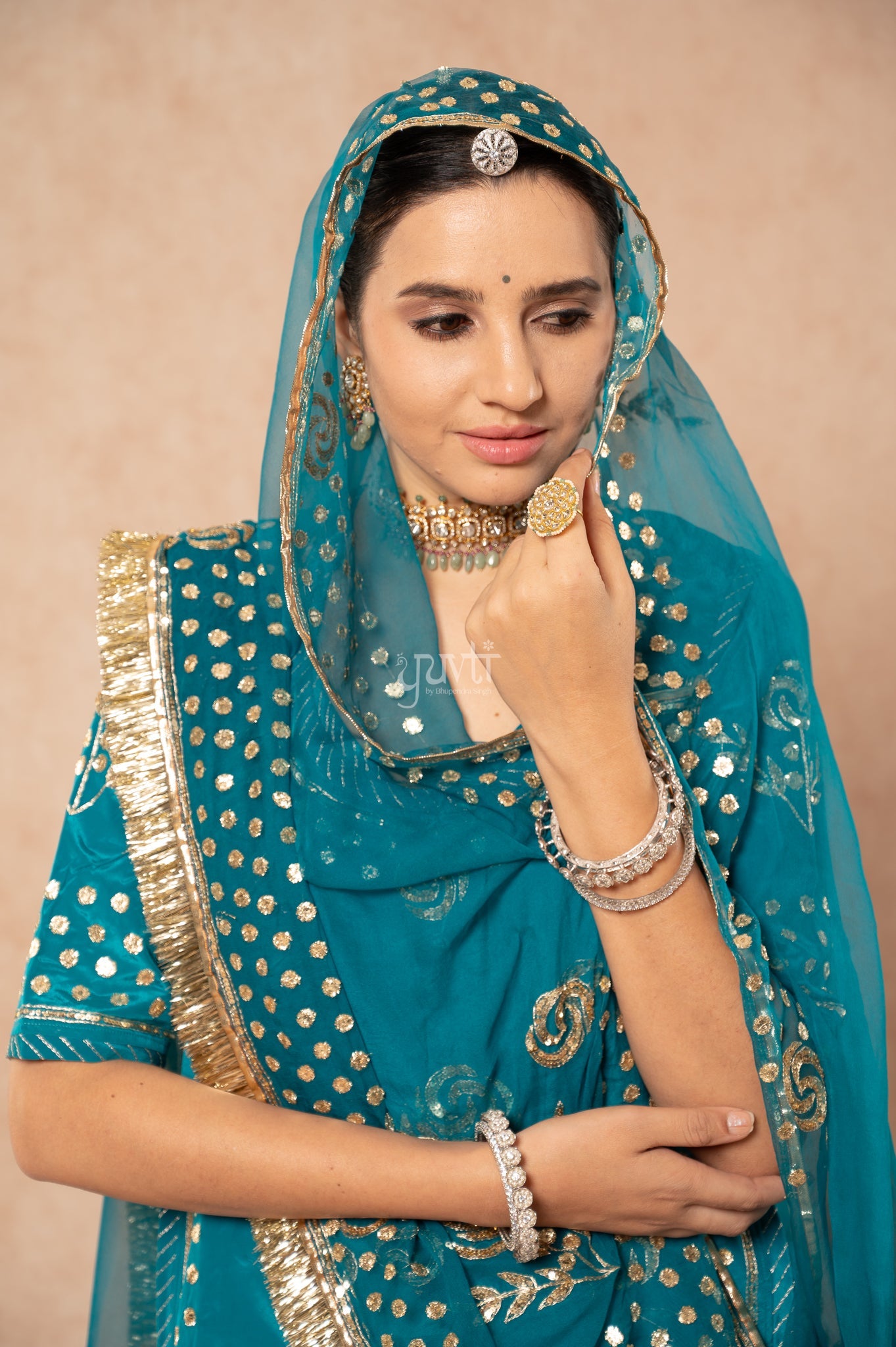 Rama Green Crepe Badla Pita Sequins Handwork  Poshak with Pure Odhana (unstitched)