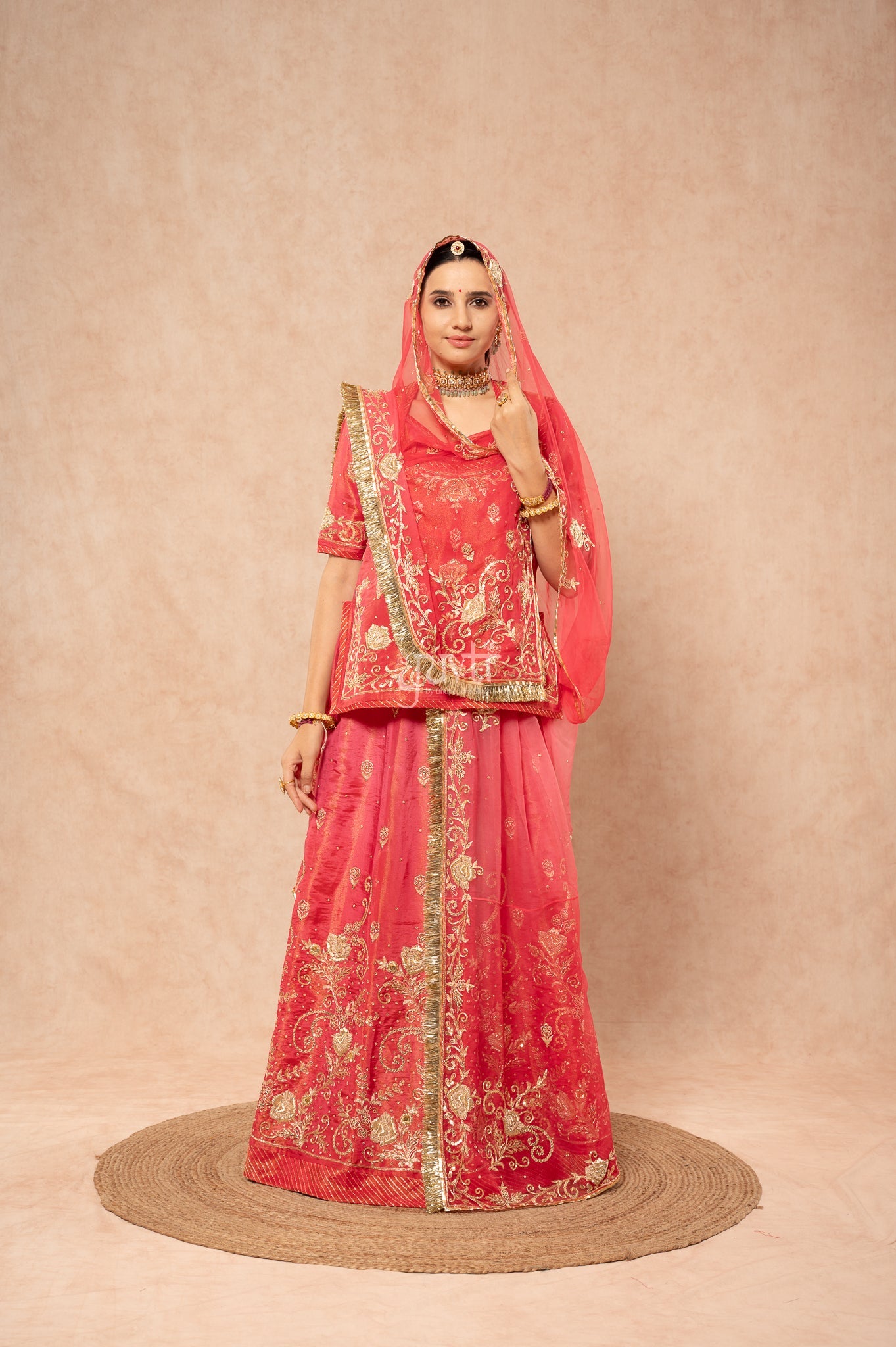 Gajri Carrot Pure Tissue Aari Zardozi Sequins Handwork  Poshak with Pure Odhana (unstitched)