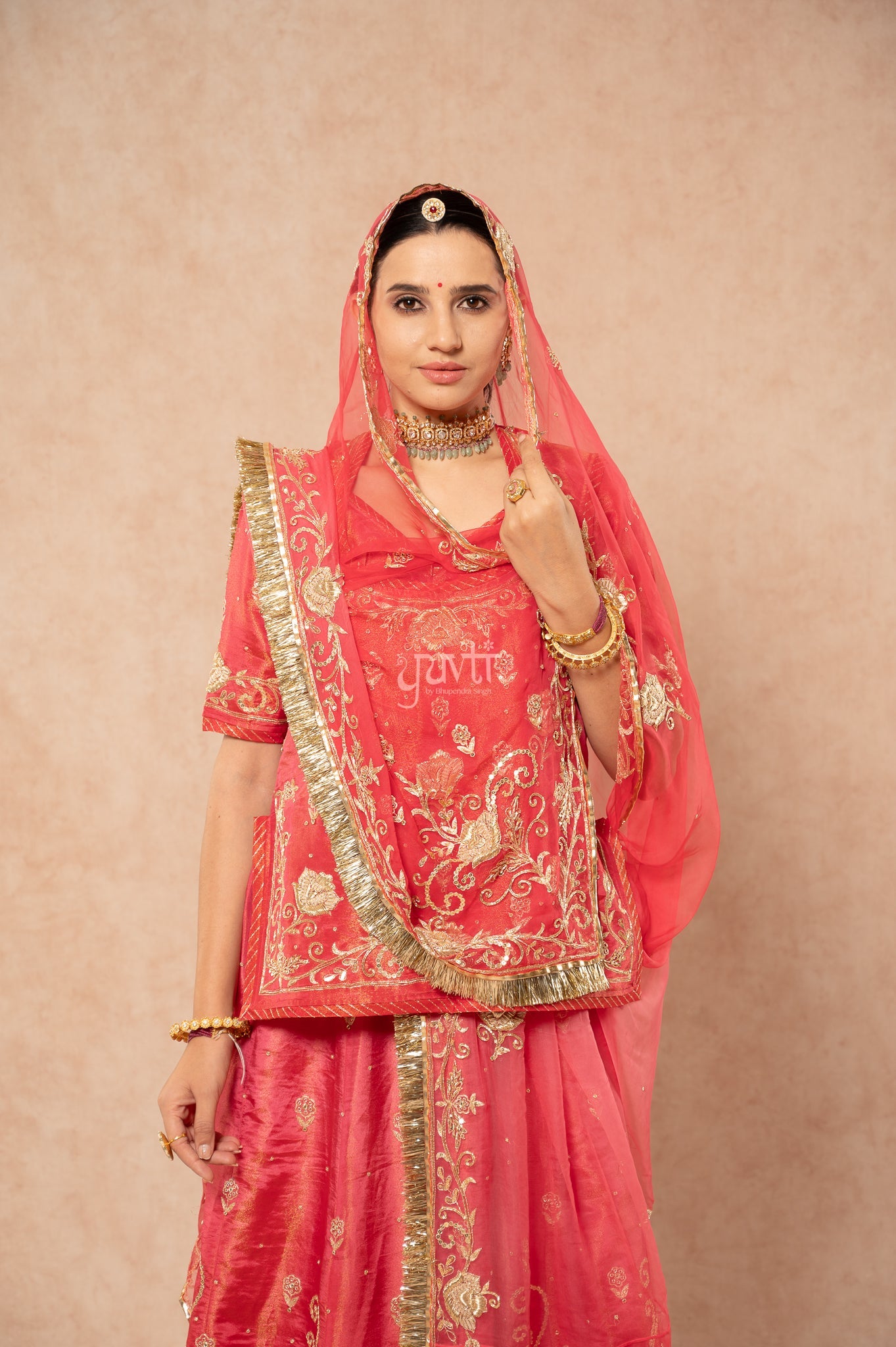 Gajri Carrot Pure Tissue Aari Zardozi Sequins Handwork  Poshak with Pure Odhana (unstitched)