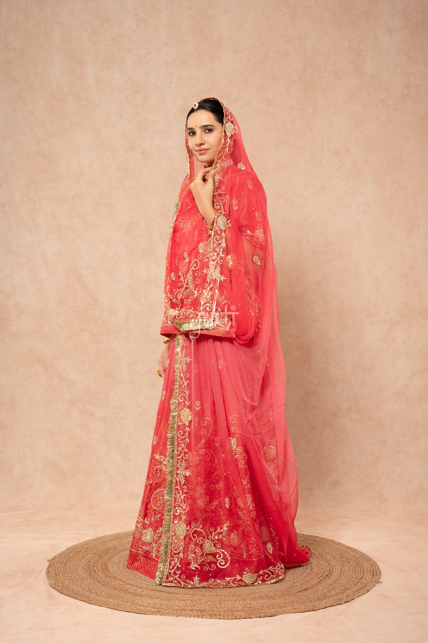 Gajri Carrot Pure Tissue Aari Zardozi Sequins Handwork  Poshak with Pure Odhana (unstitched)