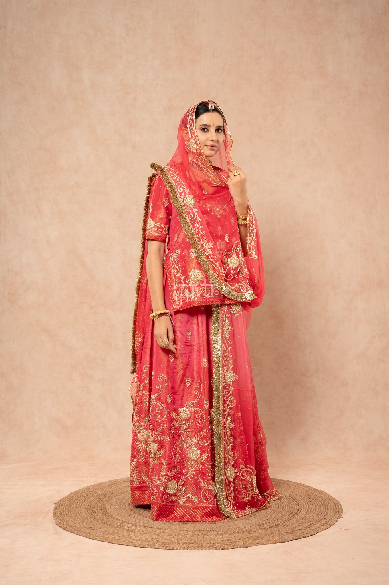 Gajri Carrot Pure Tissue Aari Zardozi Sequins Handwork  Poshak with Pure Odhana (unstitched)