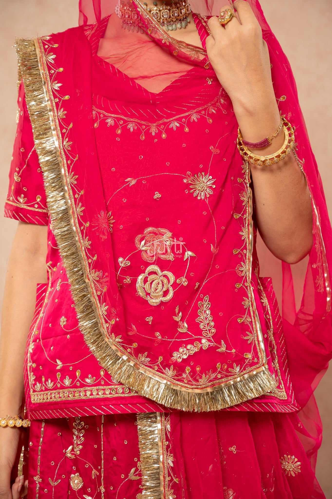 Rani Bamber Satin Zardozi Sequins Handwork  Poshak with Pure Odhana (unstitched)