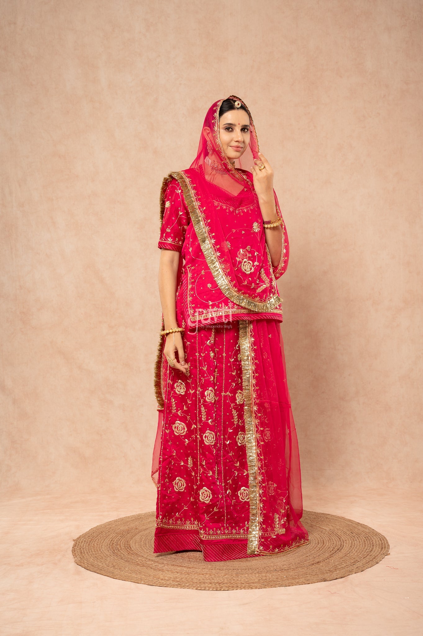 Rani Bamber Satin Zardozi Sequins Handwork  Poshak with Pure Odhana (unstitched)