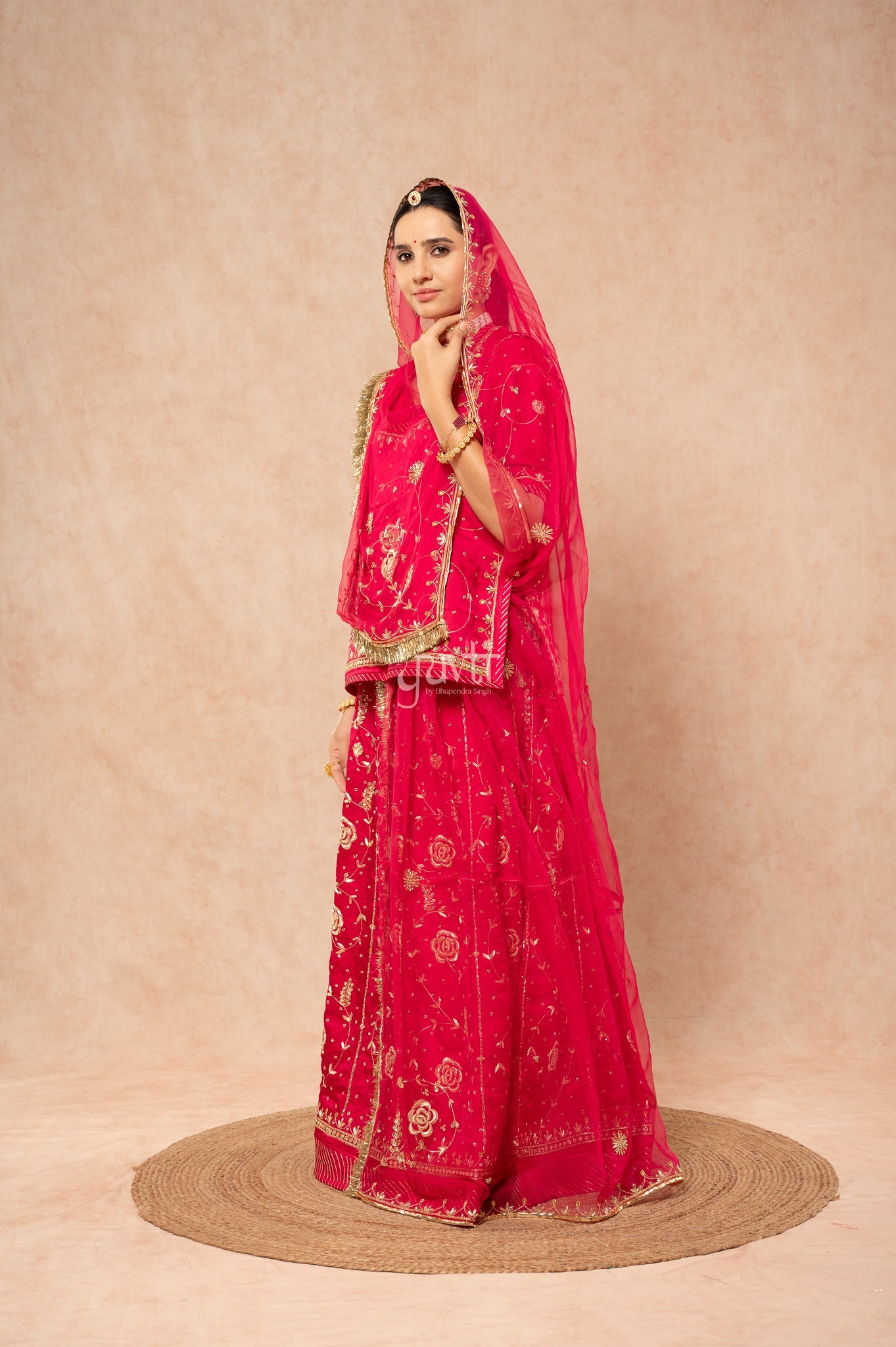 Rani Bamber Satin Zardozi Sequins Handwork  Poshak with Pure Odhana (unstitched)