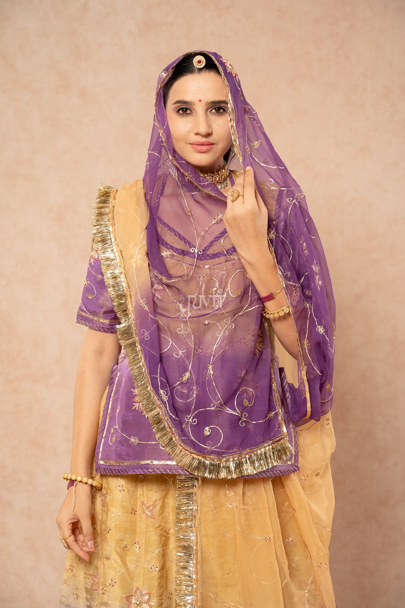 Lavender - Beige Pure Tissue Aari Zardozi Sequins Handwork  Poshak with Pure Shaded Odhana (unstitched)