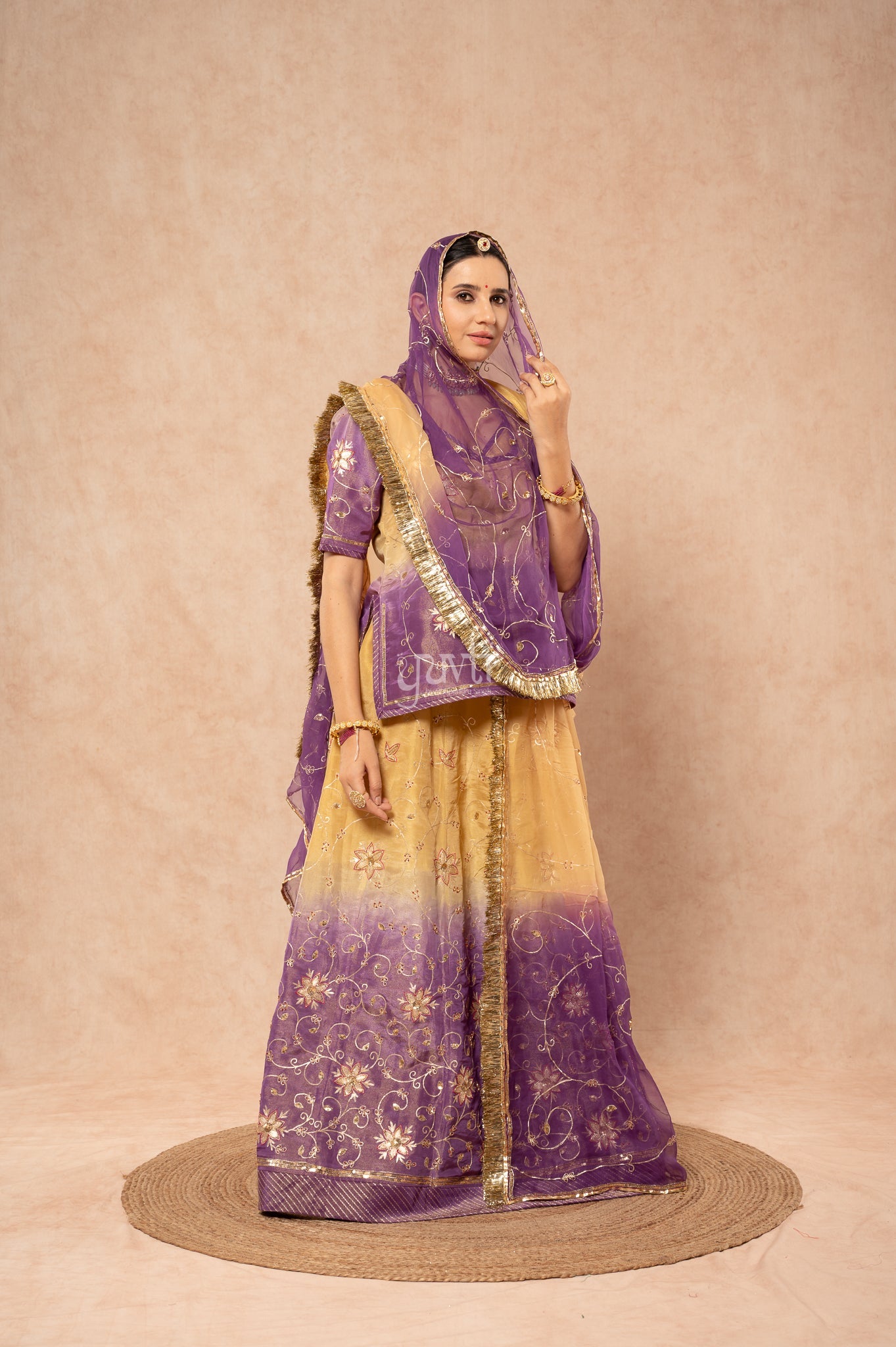 Lavender - Beige Pure Tissue Aari Zardozi Sequins Handwork  Poshak with Pure Shaded Odhana (unstitched)