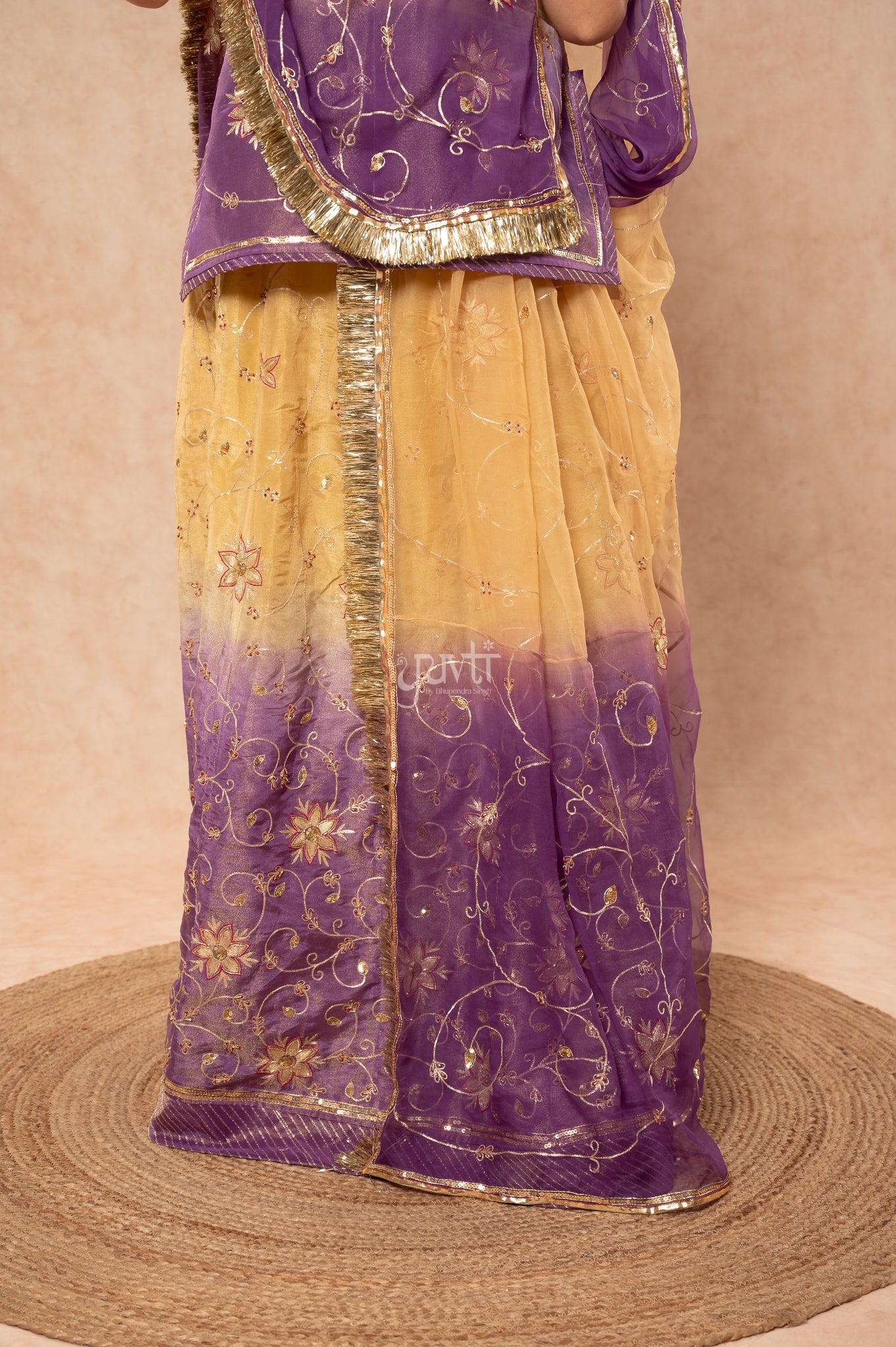Lavender - Beige Pure Tissue Aari Zardozi Sequins Handwork  Poshak with Pure Shaded Odhana (unstitched)