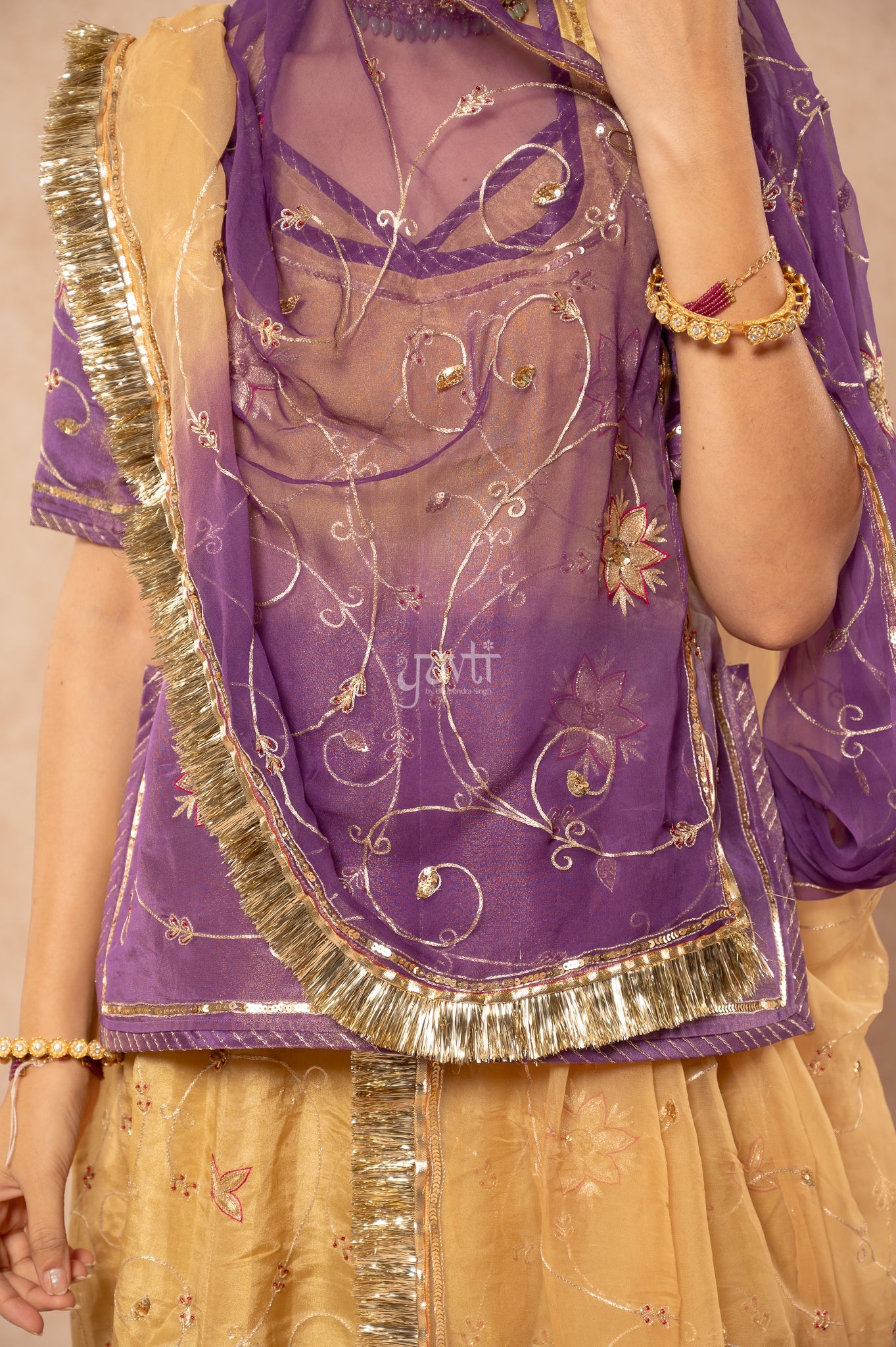 Lavender - Beige Pure Tissue Aari Zardozi Sequins Handwork  Poshak with Pure Shaded Odhana (unstitched)
