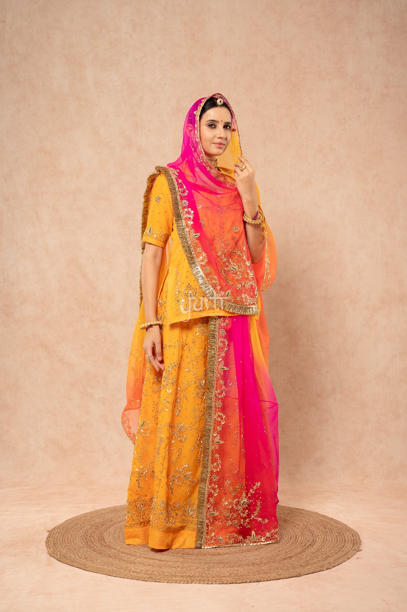 Yellow Pure Georgette Zardozi Handwork  Poshak with Pure Multi Odhana (unstitched)