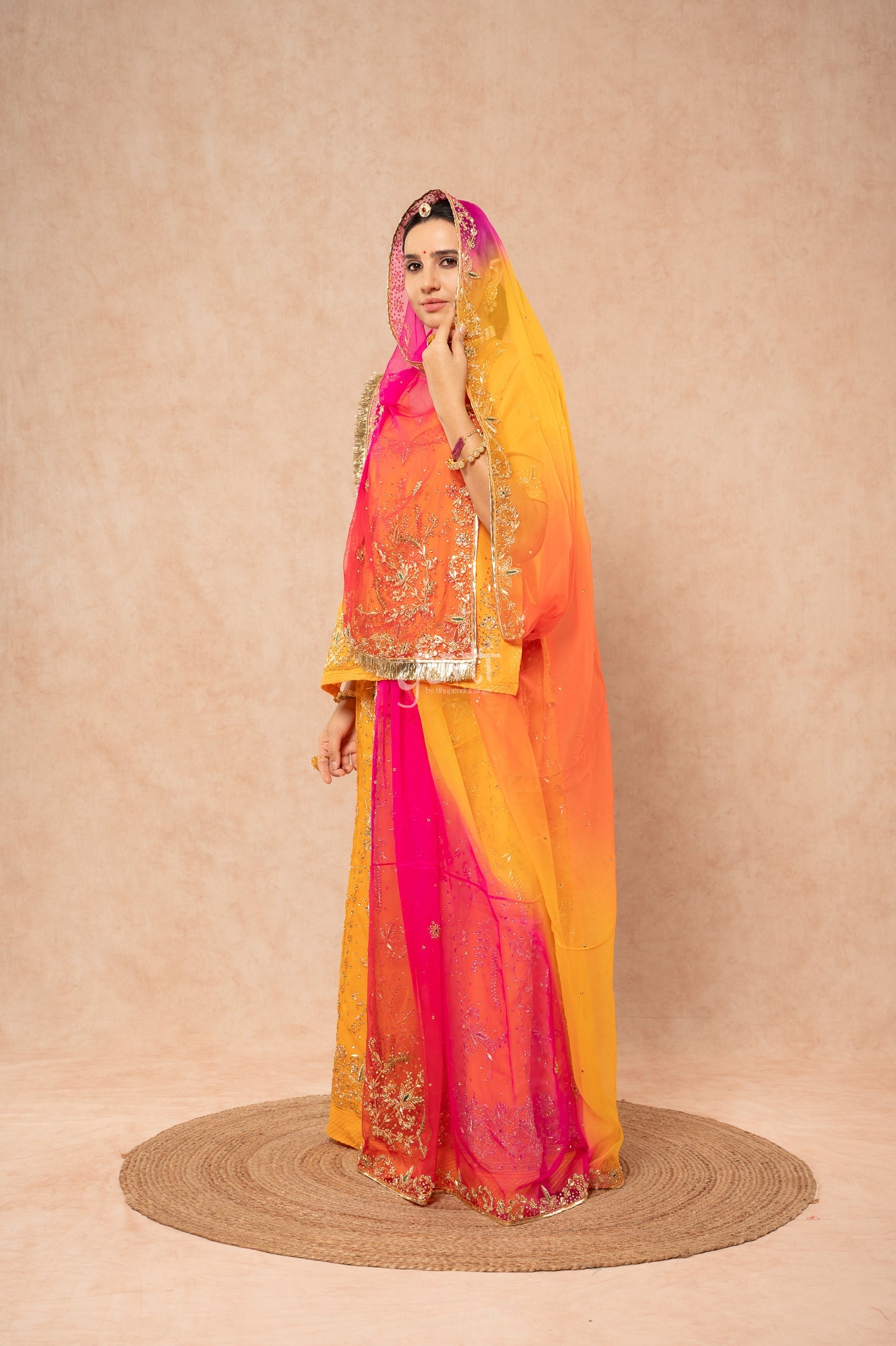 Yellow Pure Georgette Zardozi Handwork  Poshak with Pure Multi Odhana (unstitched)