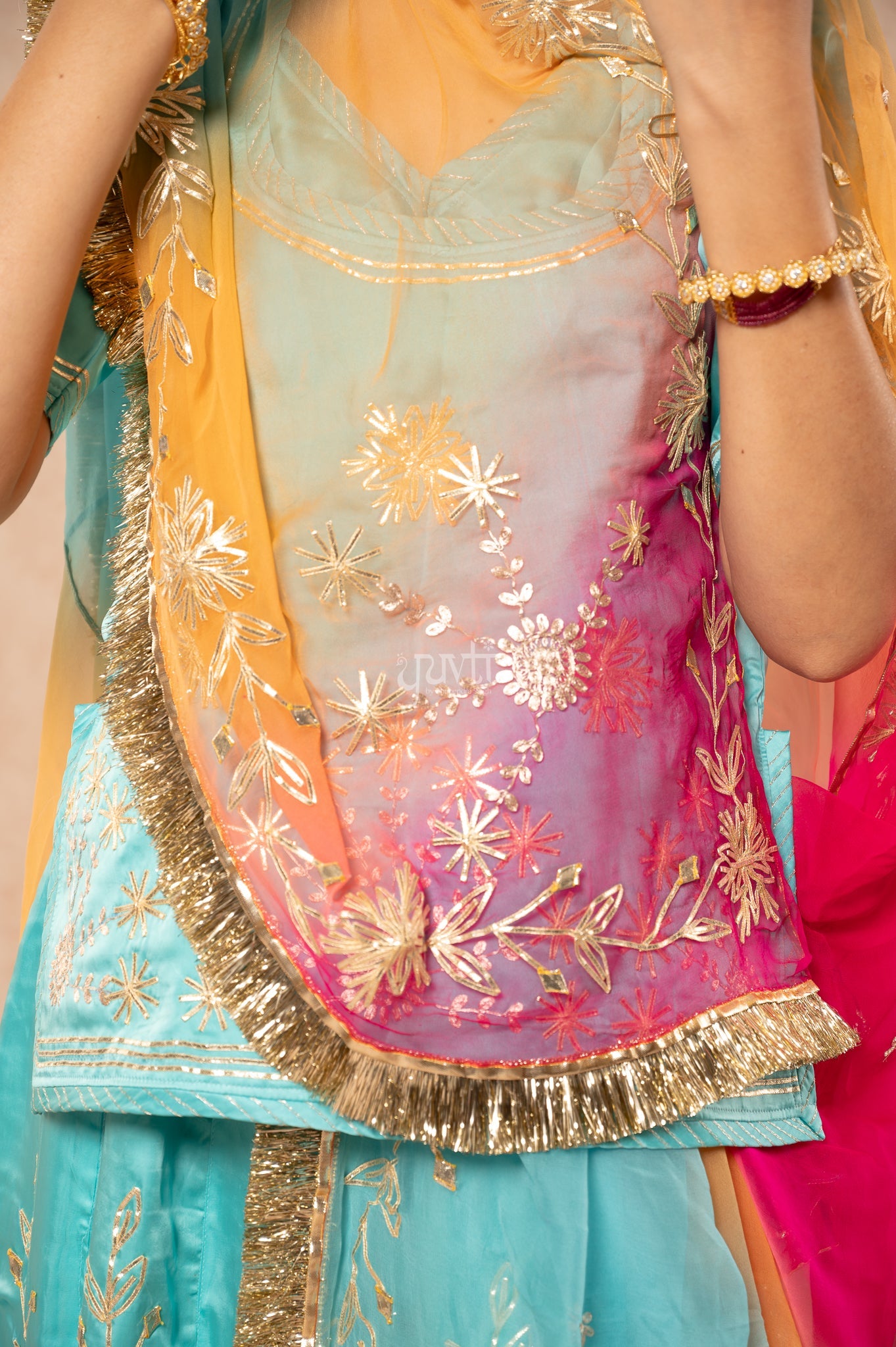 Sky Blue Bamber Satin Sikhiya Gotta Pitan work   Poshak with Pure Multi Colour Odhana (unstitched)