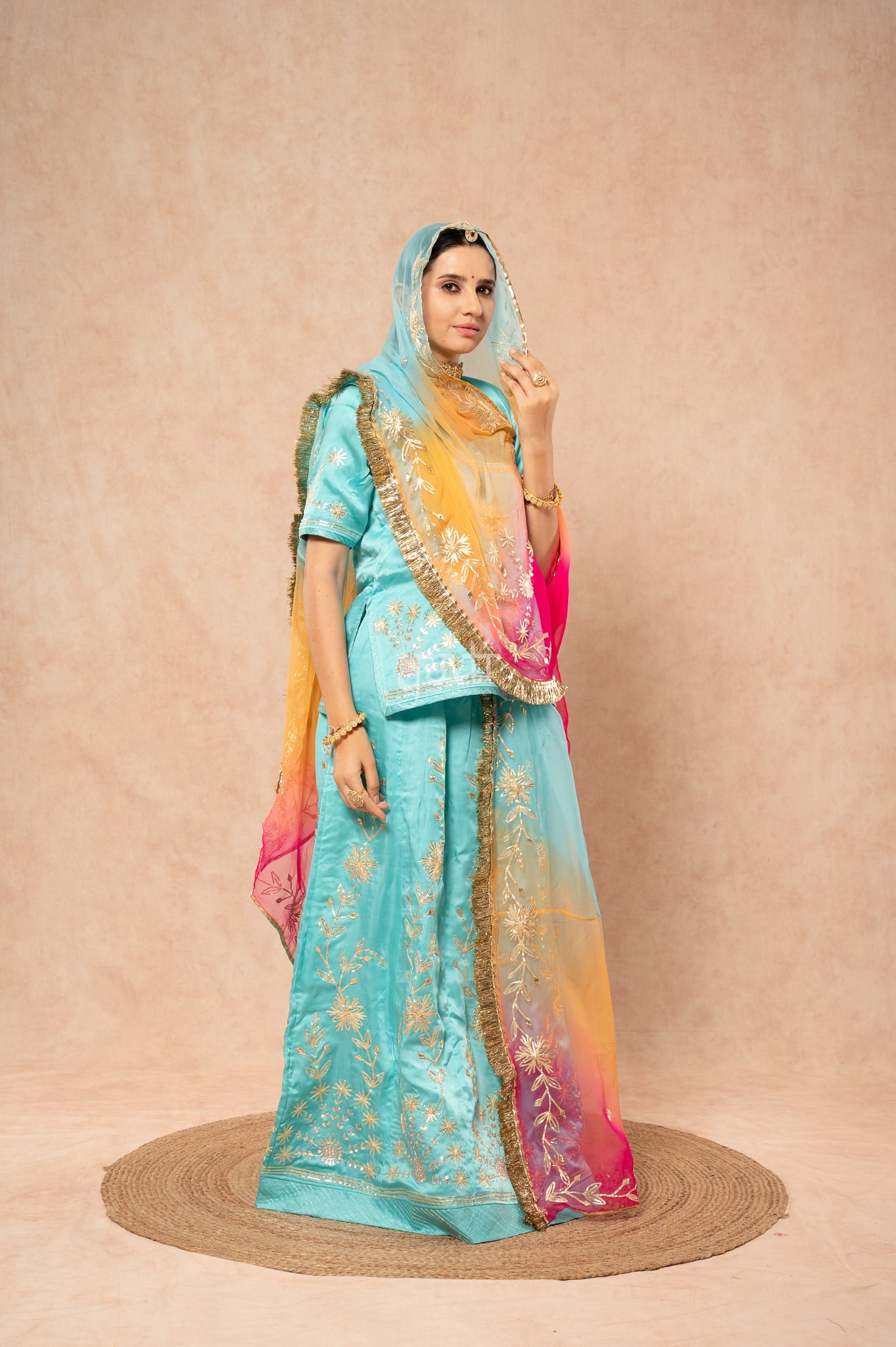 Sky Blue Bamber Satin Sikhiya Gotta Pitan work   Poshak with Pure Multi Colour Odhana (unstitched)