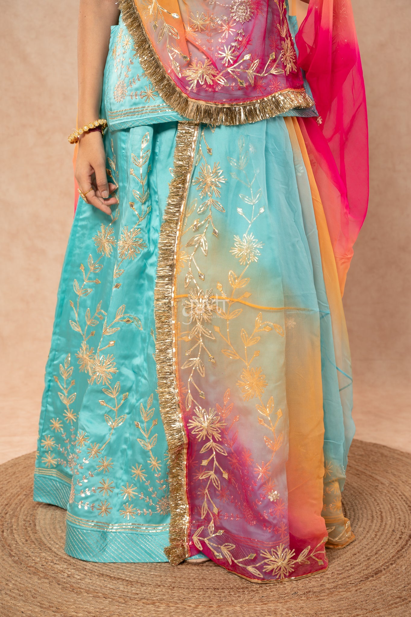 Sky Blue Bamber Satin Sikhiya Gotta Pitan work   Poshak with Pure Multi Colour Odhana (unstitched)