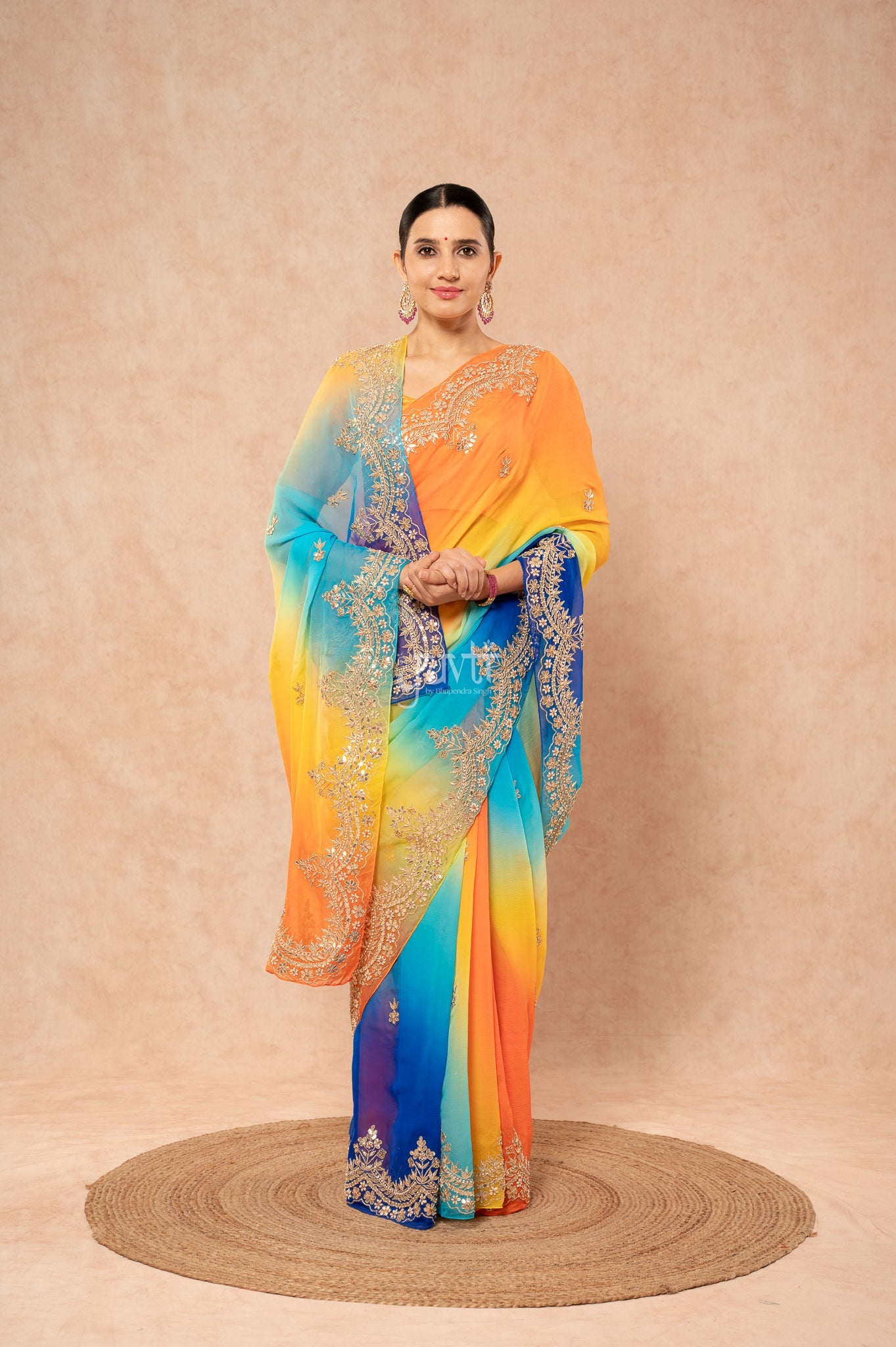 Orange Yellow Blue Shaded Pure Chiffon Gota Patti Zardozi Border Butti handwork Party wear Saree  with Blouse