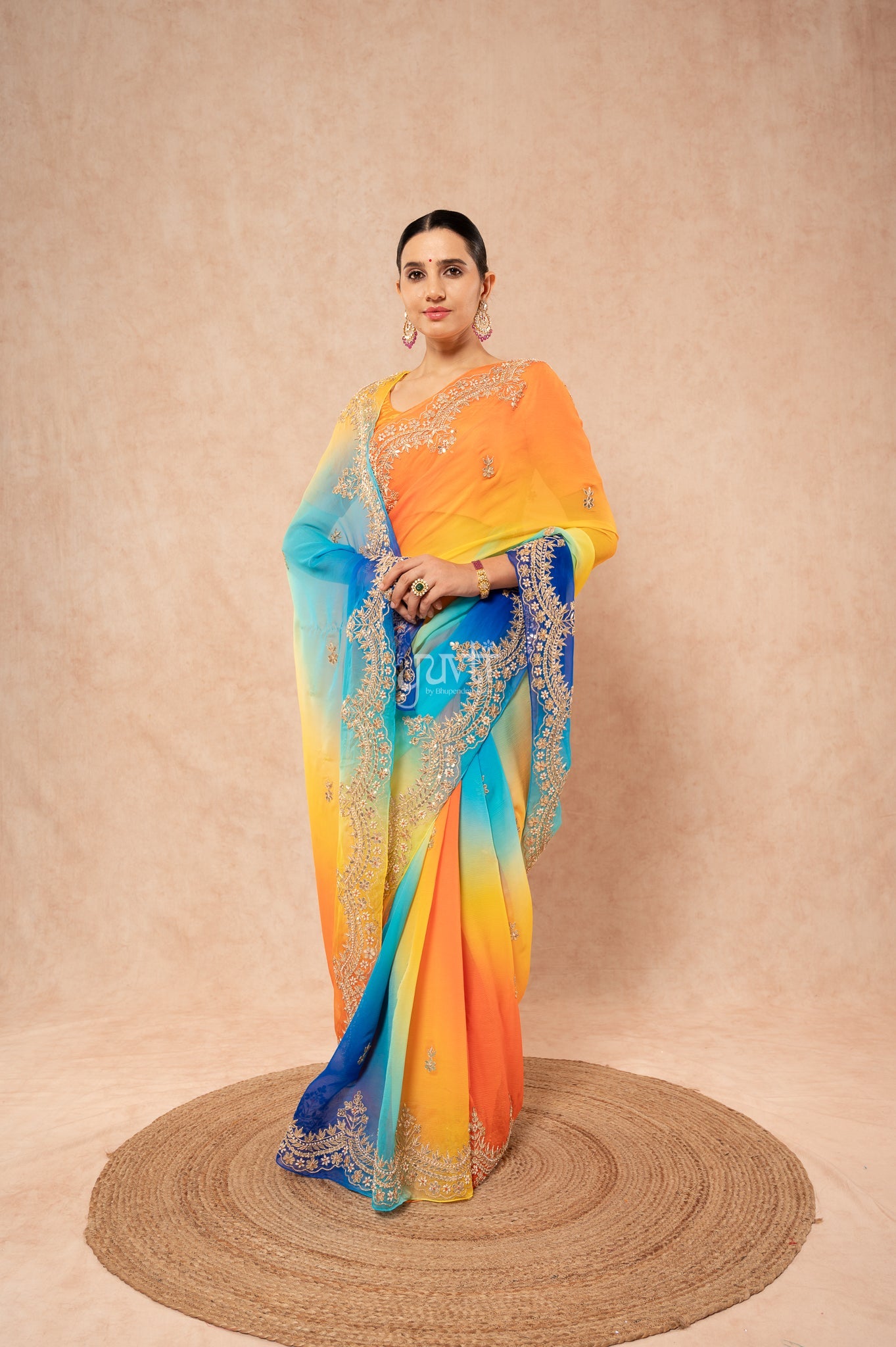Orange Yellow Blue Shaded Pure Chiffon Gota Patti Zardozi Border Butti handwork Party wear Saree  with Blouse