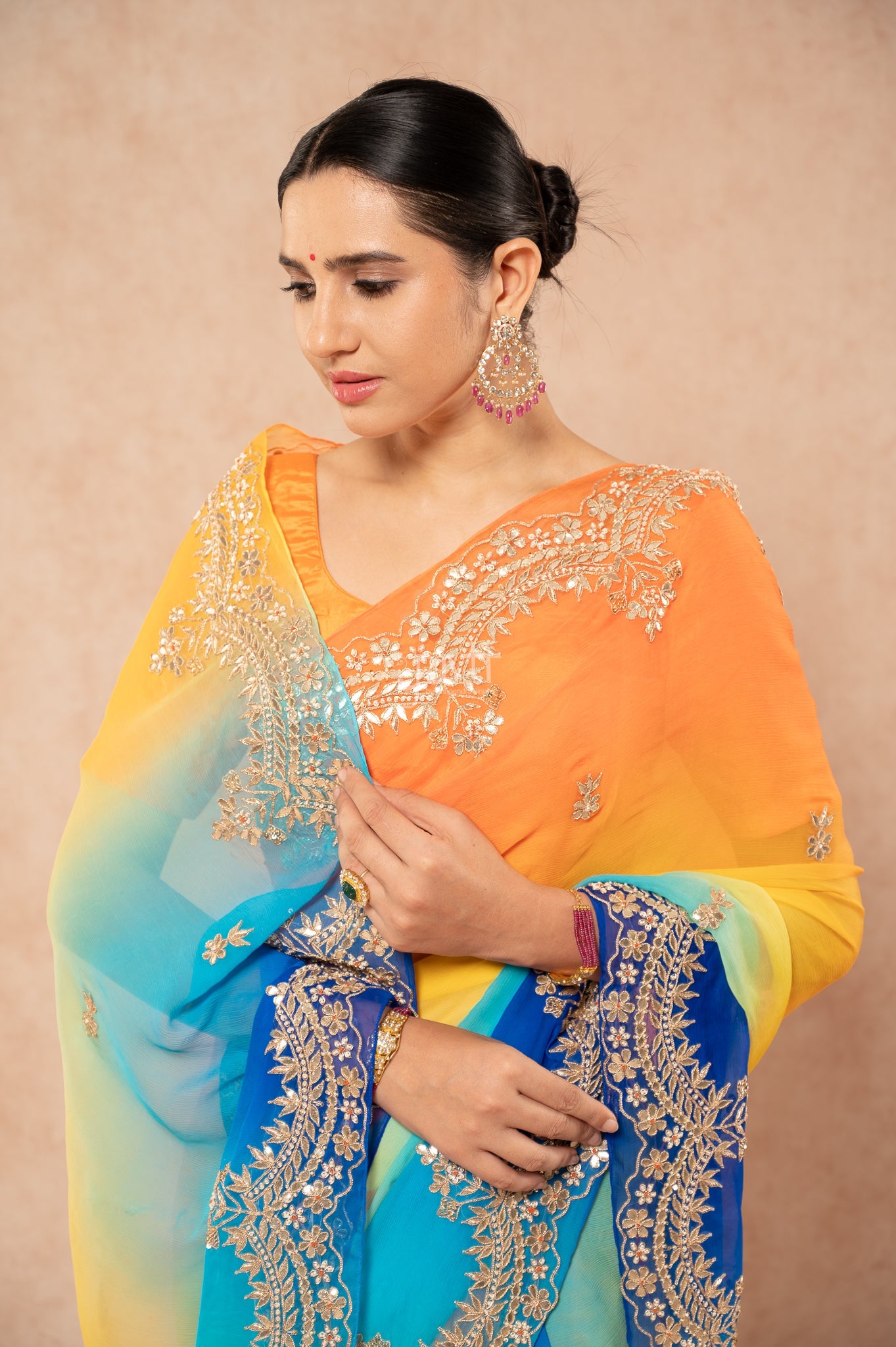 Orange Yellow Blue Shaded Pure Chiffon Gota Patti Zardozi Border Butti handwork Party wear Saree  with Blouse