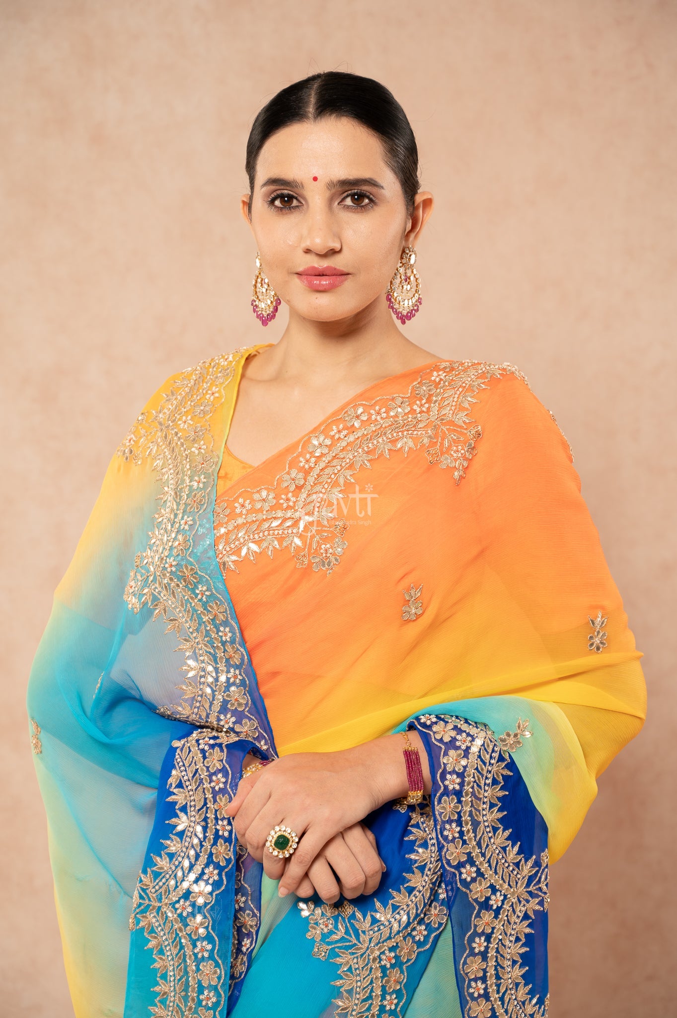 Orange Yellow Blue Shaded Pure Chiffon Gota Patti Zardozi Border Butti handwork Party wear Saree  with Blouse