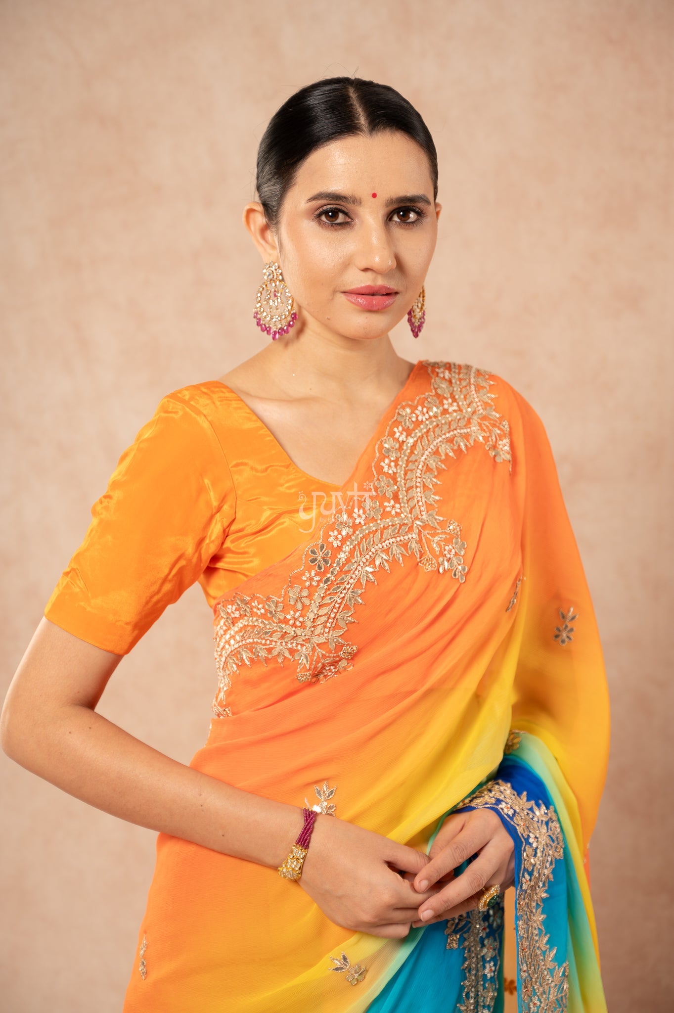 Orange Yellow Blue Shaded Pure Chiffon Gota Patti Zardozi Border Butti handwork Party wear Saree  with Blouse