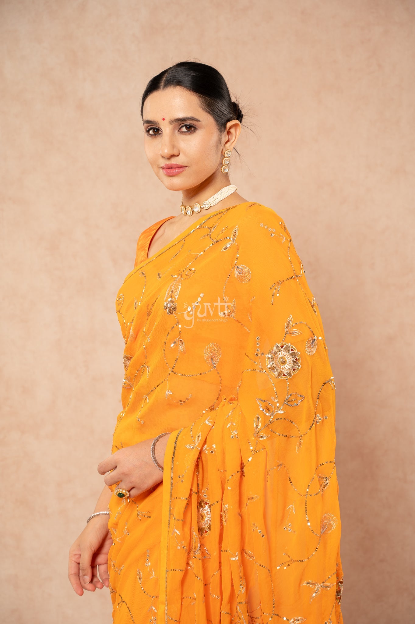 Kesariya Shaded Pure Chiffon Aari Sequins Jaal Handwork Party wear Saree  with Blouse