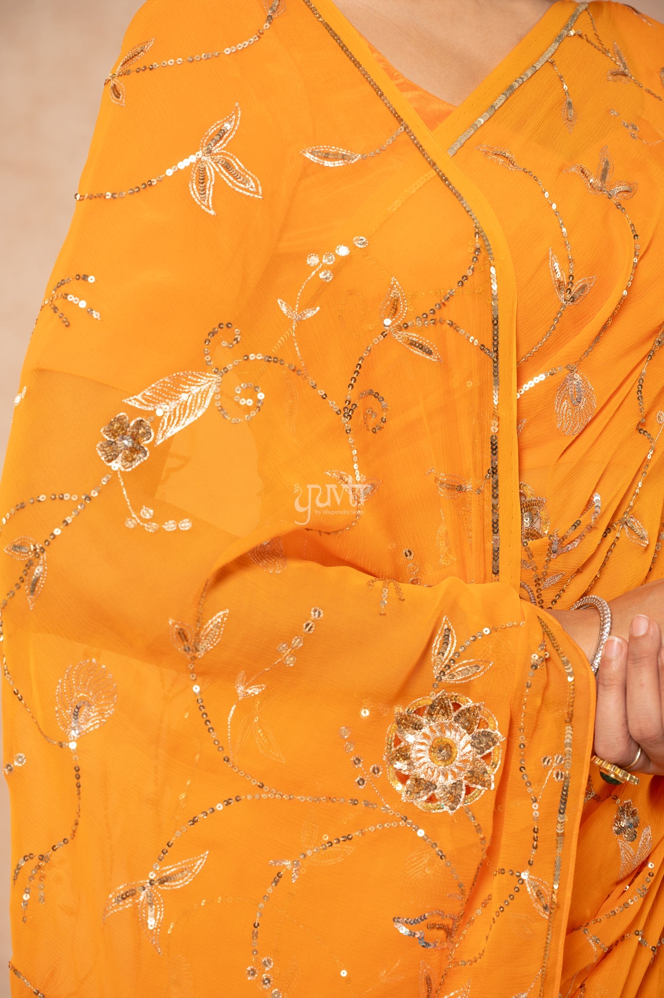 Kesariya Shaded Pure Chiffon Aari Sequins Jaal Handwork Party wear Saree  with Blouse