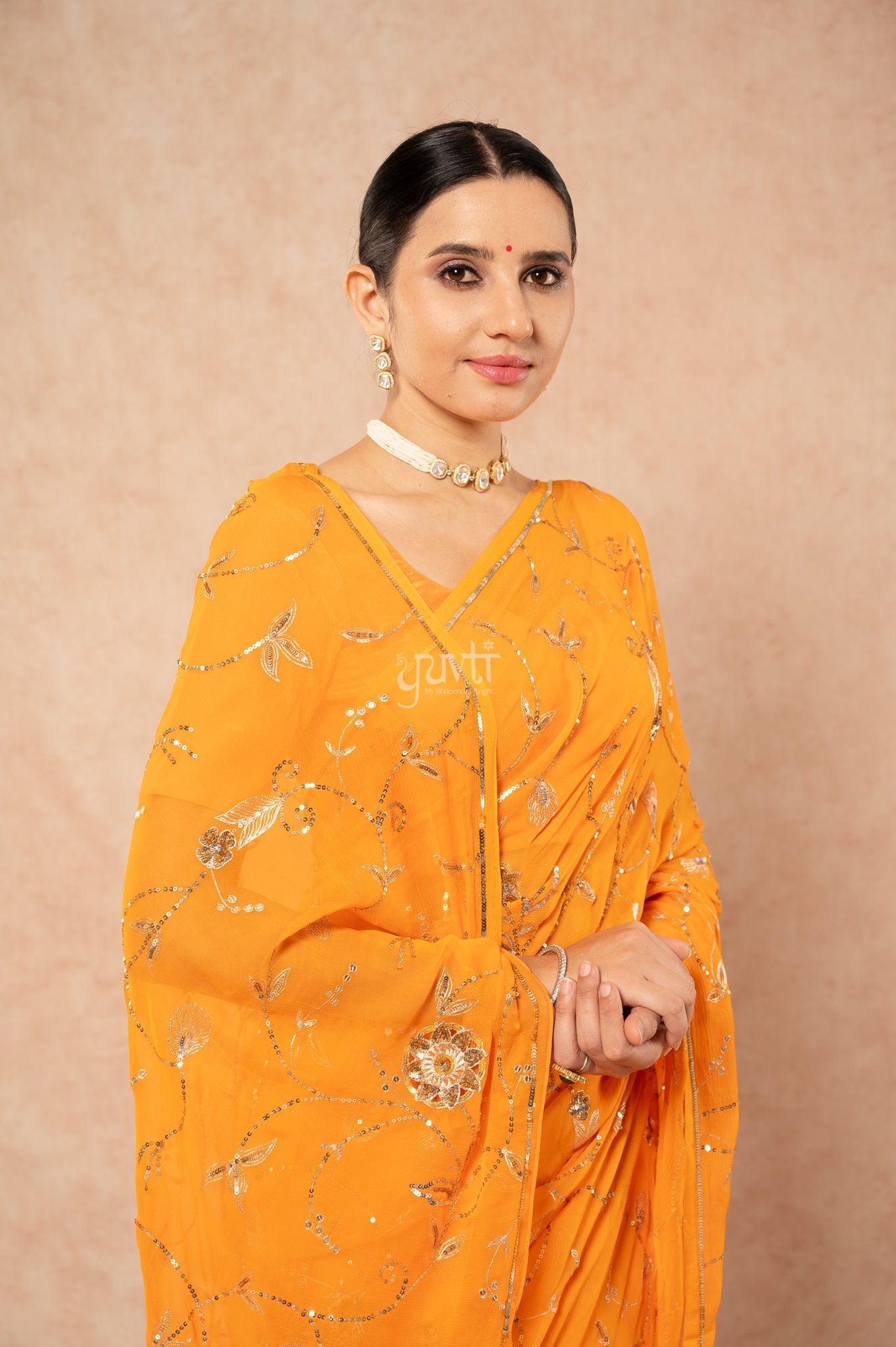 Kesariya Shaded Pure Chiffon Aari Sequins Jaal Handwork Party wear Saree  with Blouse