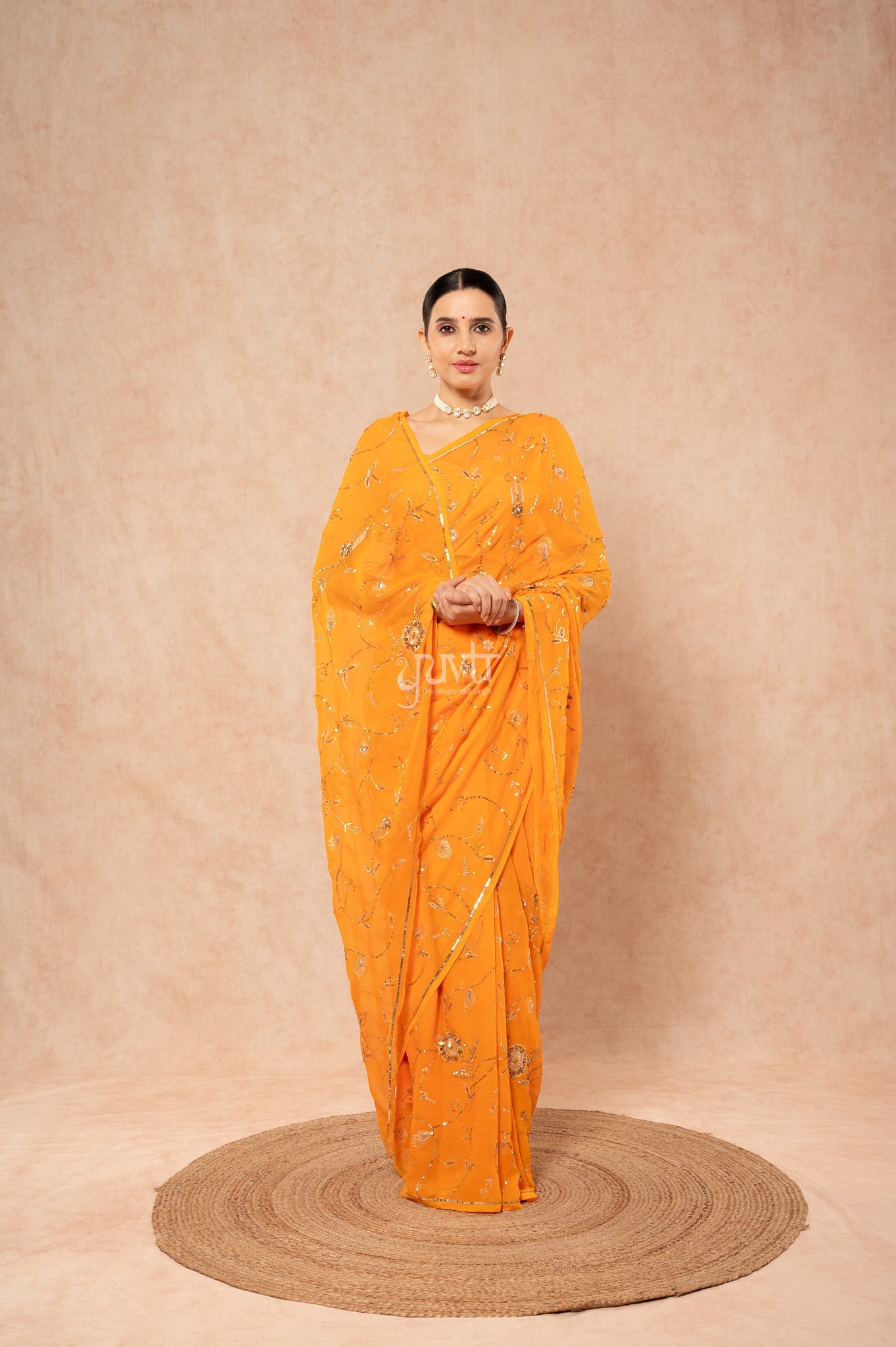 Kesariya Shaded Pure Chiffon Aari Sequins Jaal Handwork Party wear Saree  with Blouse