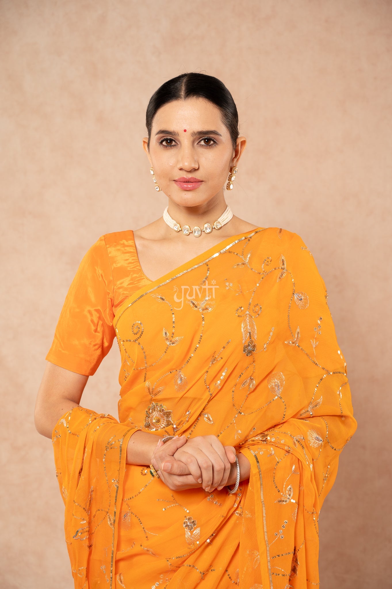 Kesariya Shaded Pure Chiffon Aari Sequins Jaal Handwork Party wear Saree  with Blouse